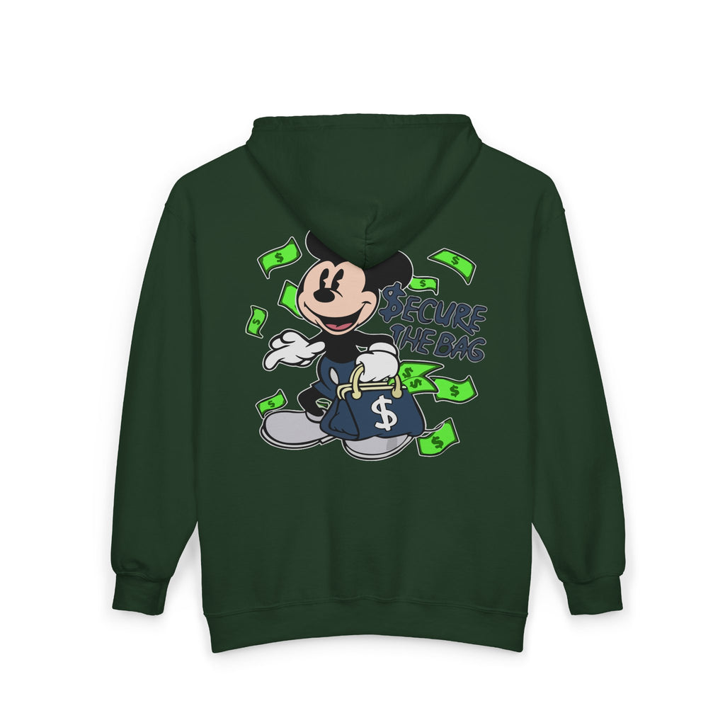 Money Addict Zip Hoodie — "Secure The Bags" Cartoon Cash Design