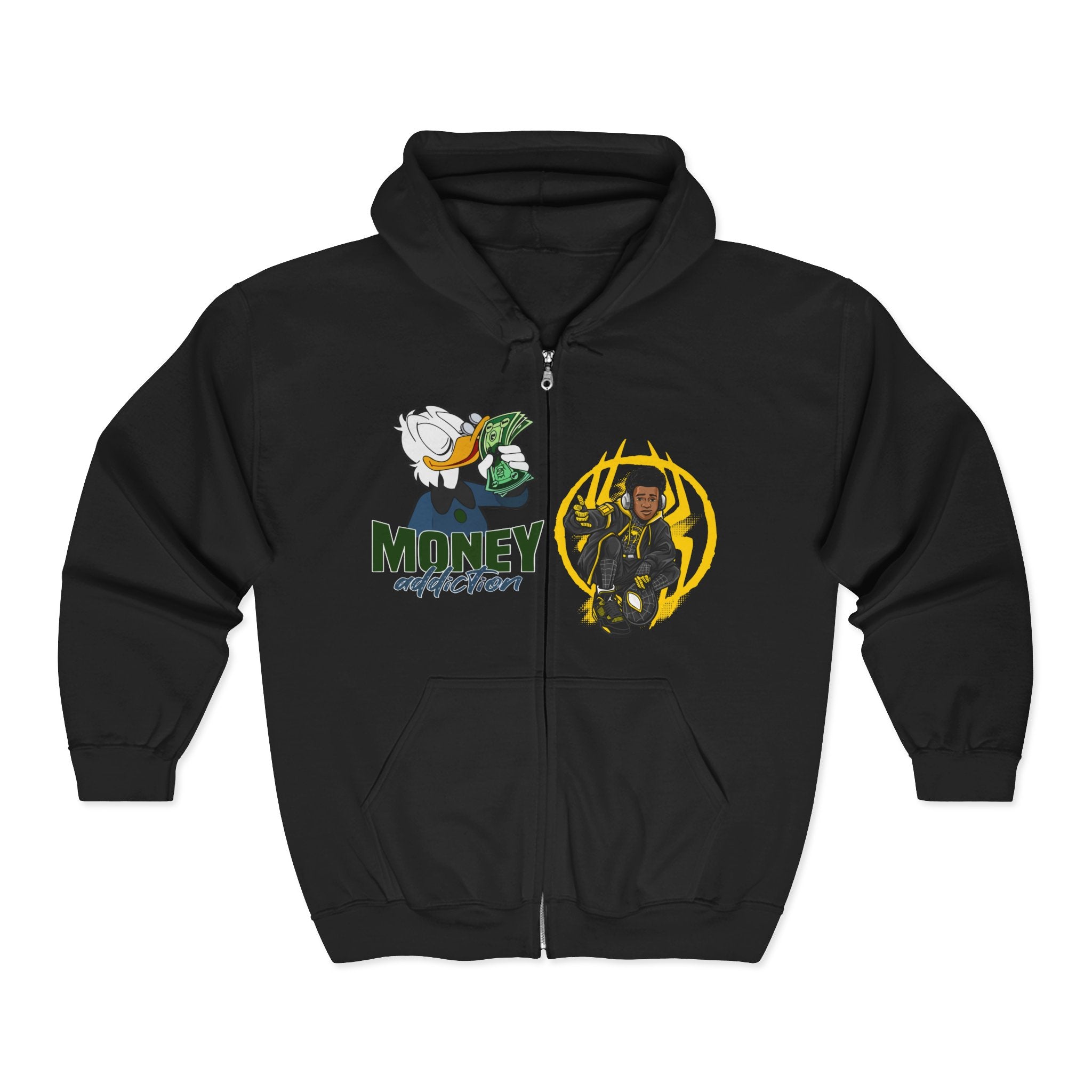 Money Addict Zip Hoodie — "Secure The Bags" Cartoon Cash Design