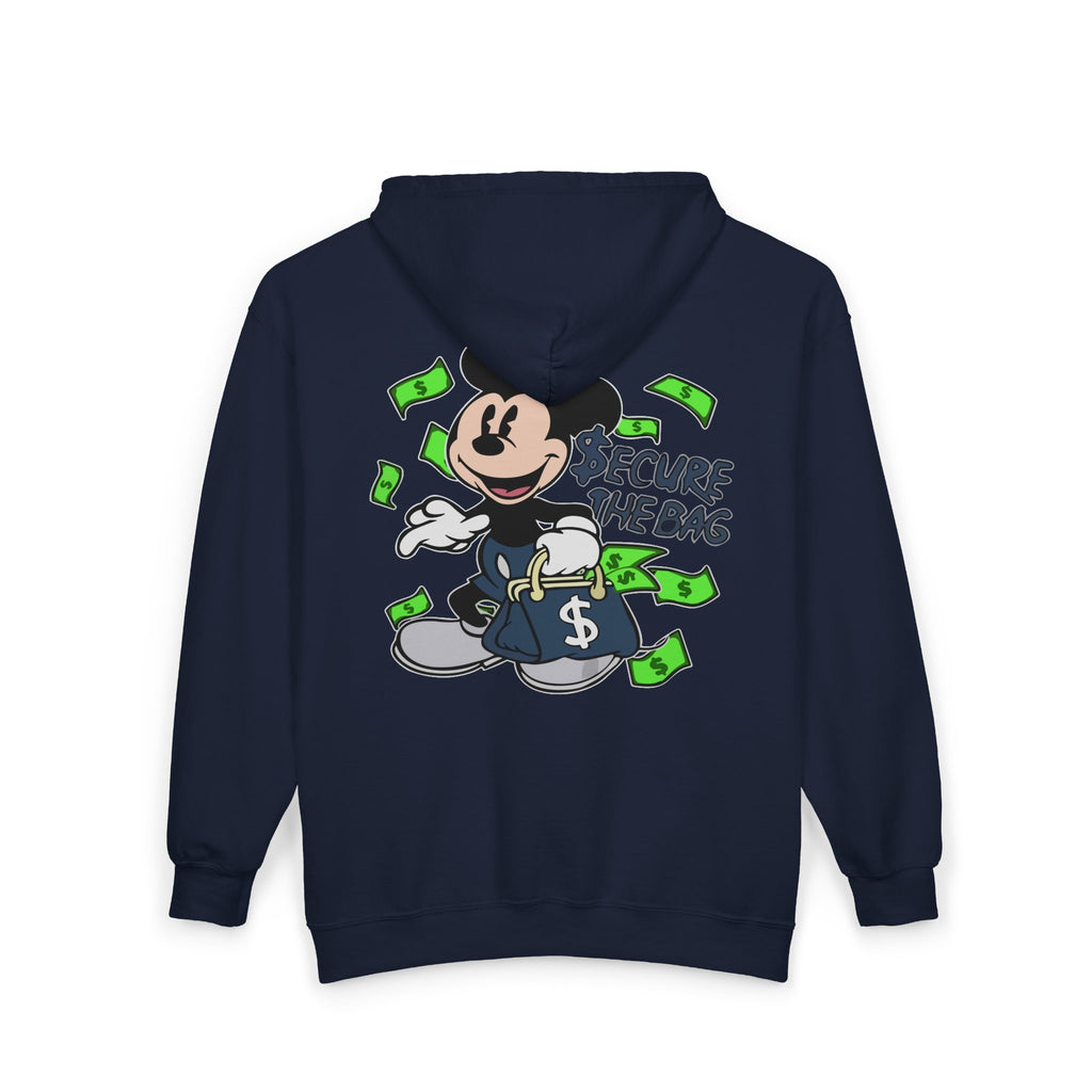Money Addict Zip Hoodie — "Secure The Bags" Cartoon Cash Design