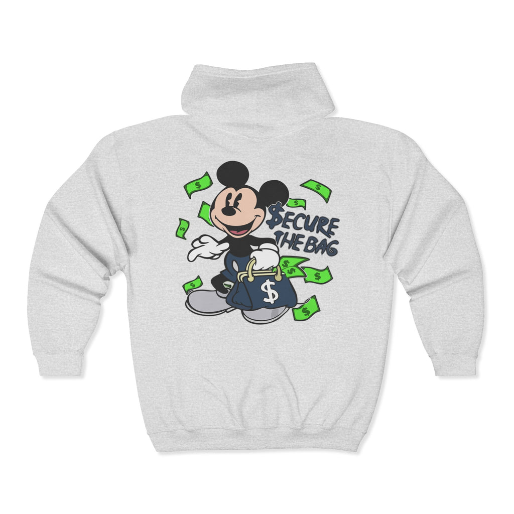 Money Addict Zip Hoodie — "Secure The Bags" Cartoon Cash Design