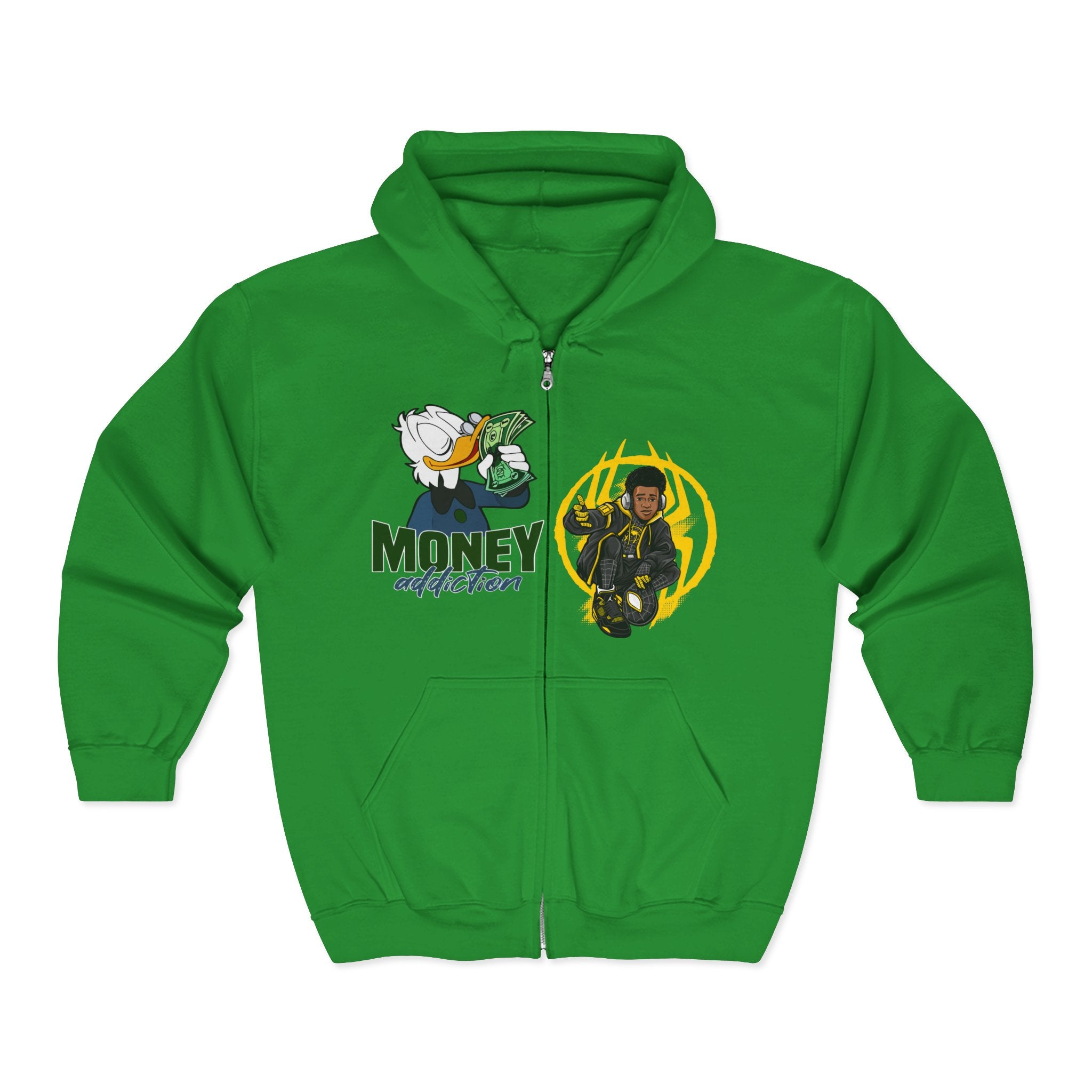 Money Addict Zip Hoodie — "Secure The Bags" Cartoon Cash Design