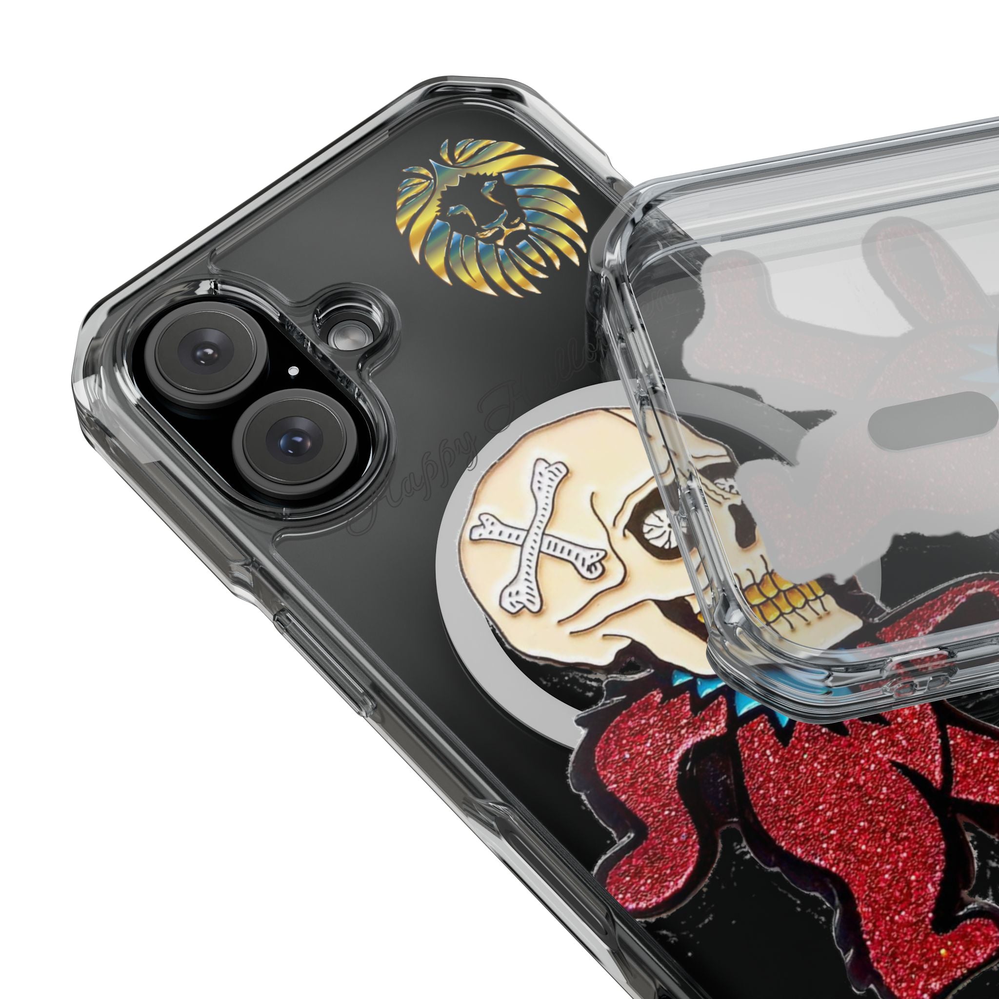 Magnetic Clear Phone Case with Skull Design, Stylish Phone Accessory, Halloween Gift, Trendy Phone Cover, Customizable Tech Case