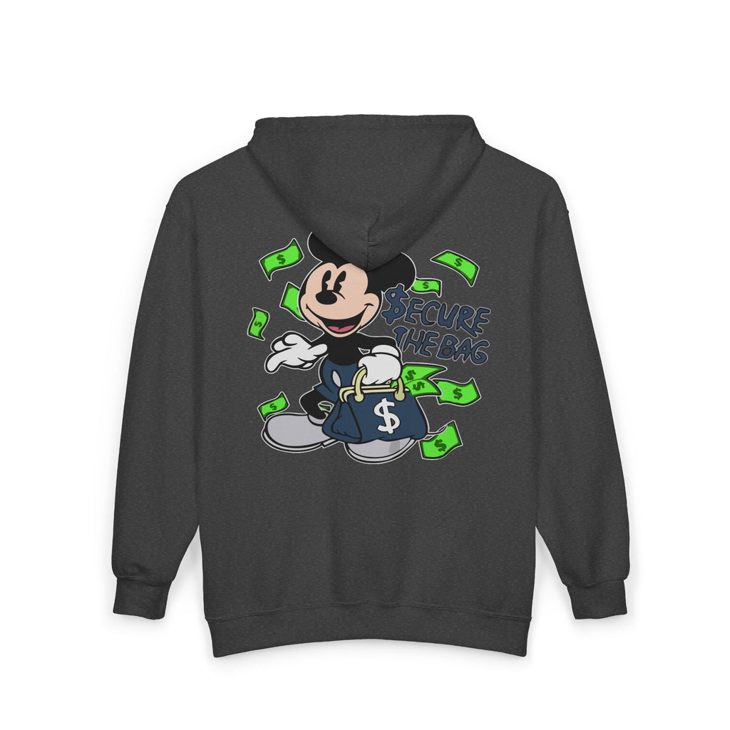 Money Addict Zip Hoodie — "Secure The Bags" Cartoon Cash Design