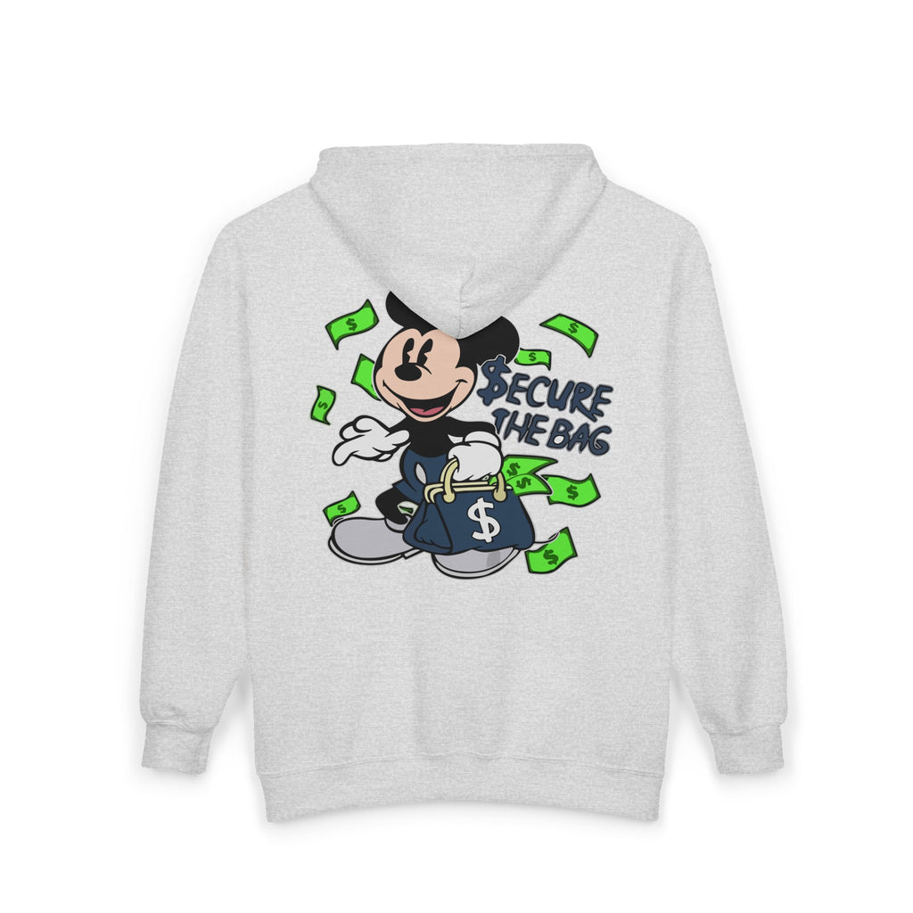 Money Addict Zip Hoodie — "Secure The Bags" Cartoon Cash Design
