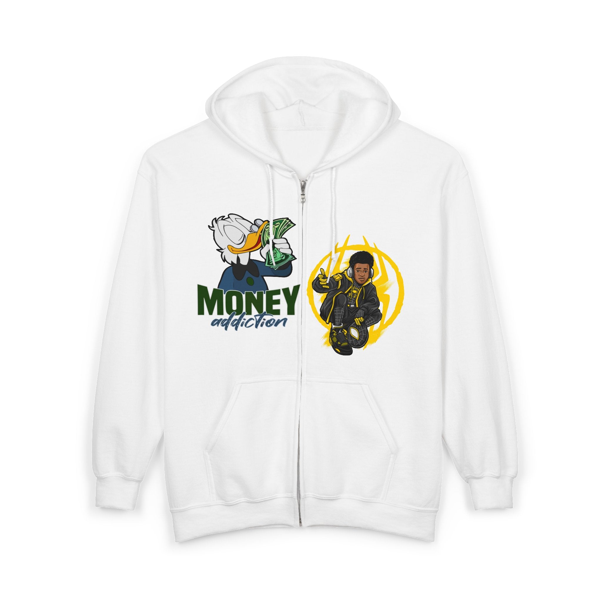 Money Addict Zip Hoodie — "Secure The Bags" Cartoon Cash Design