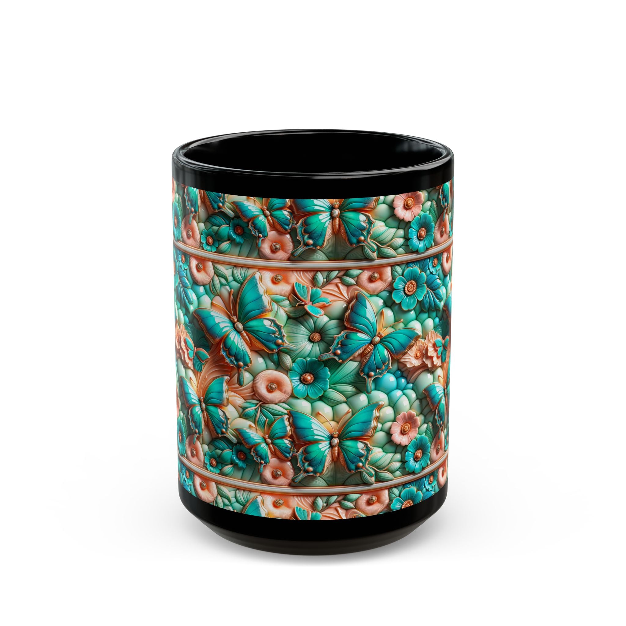 Floral Butterfly Black Mug - Cute Coffee Cup for Garden Lovers, Gift for Her, Rustic Home Decor, Nature Lover's Mug, Tea Tumbler