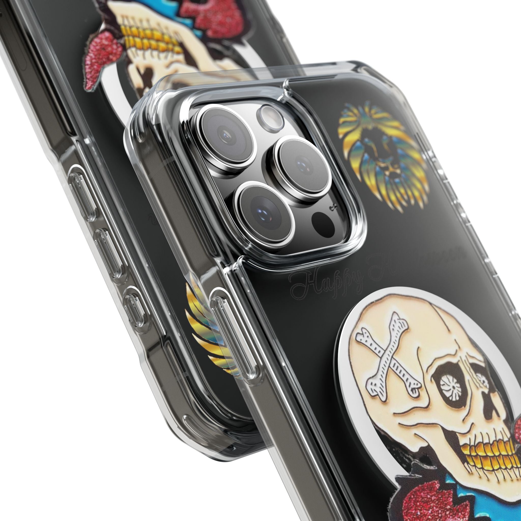 Magnetic Clear Phone Case with Skull Design, Stylish Phone Accessory, Halloween Gift, Trendy Phone Cover, Customizable Tech Case