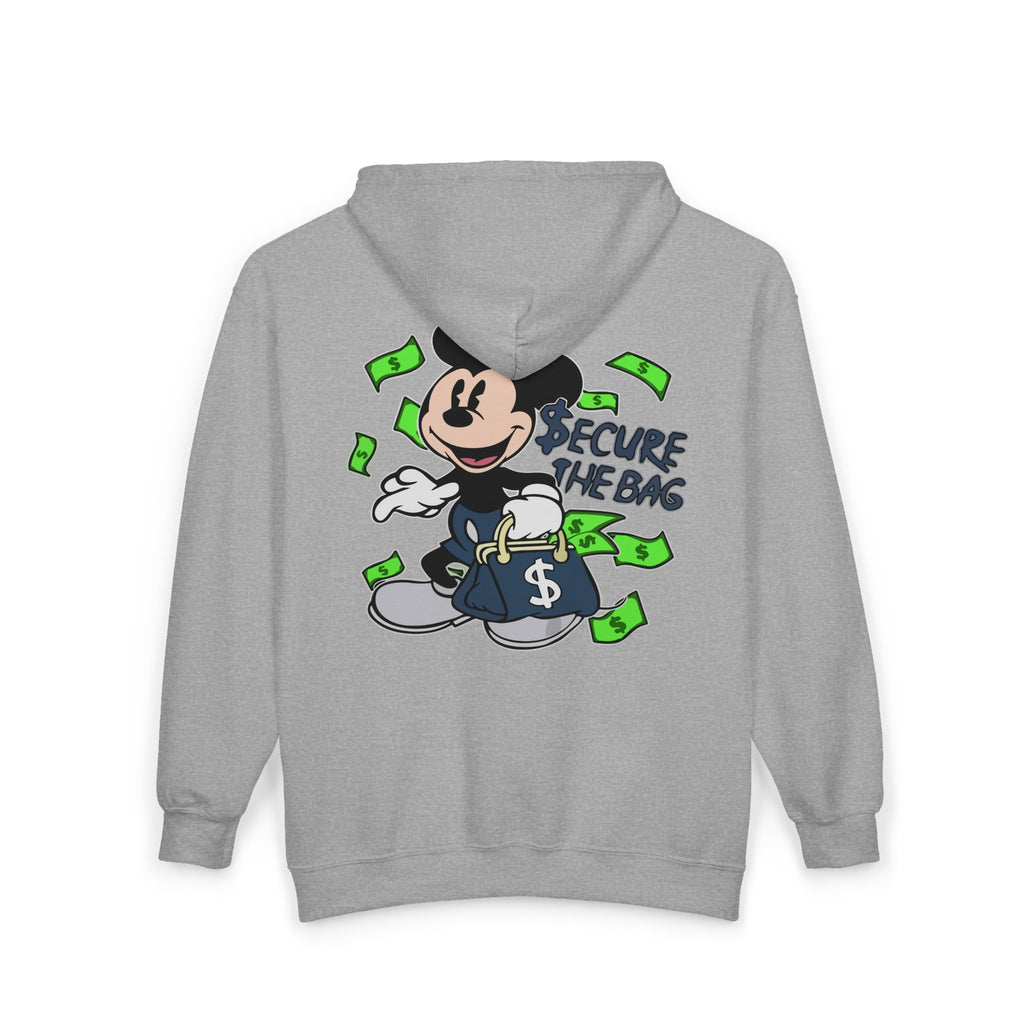 Money Addict Zip Hoodie — "Secure The Bags" Cartoon Cash Design
