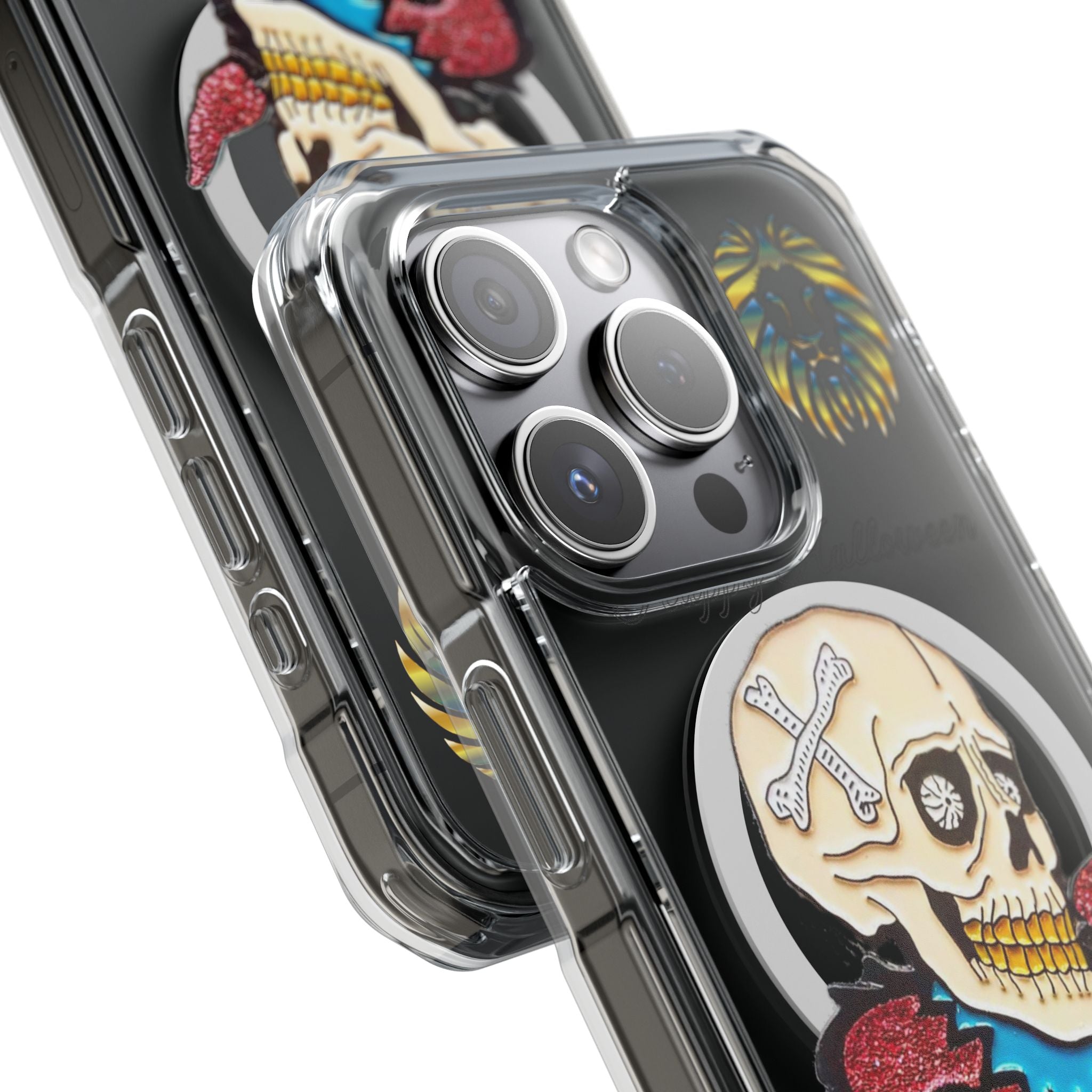 Magnetic Clear Phone Case with Skull Design, Stylish Phone Accessory, Halloween Gift, Trendy Phone Cover, Customizable Tech Case