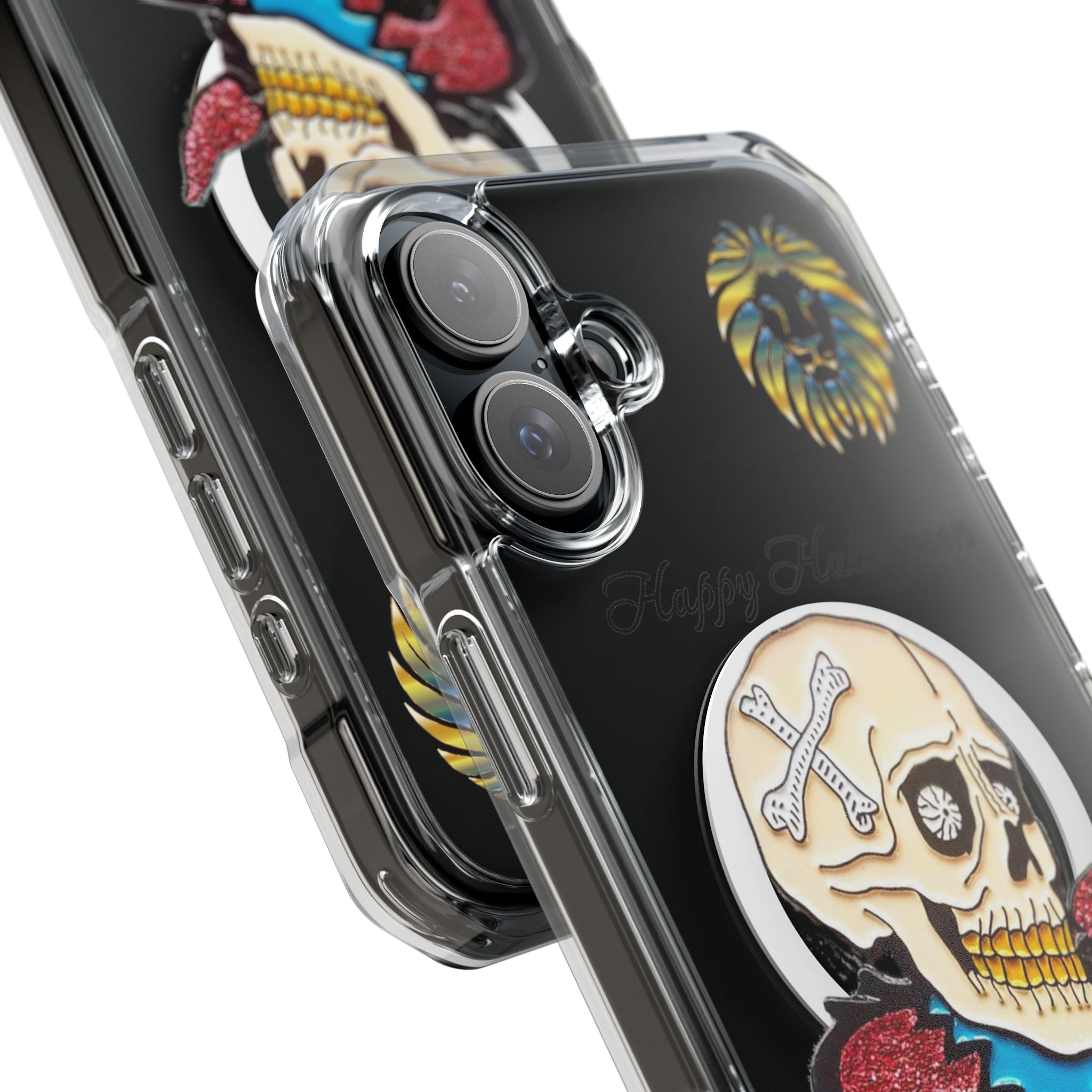 Magnetic Clear Phone Case with Skull Design, Stylish Phone Accessory, Halloween Gift, Trendy Phone Cover, Customizable Tech Case