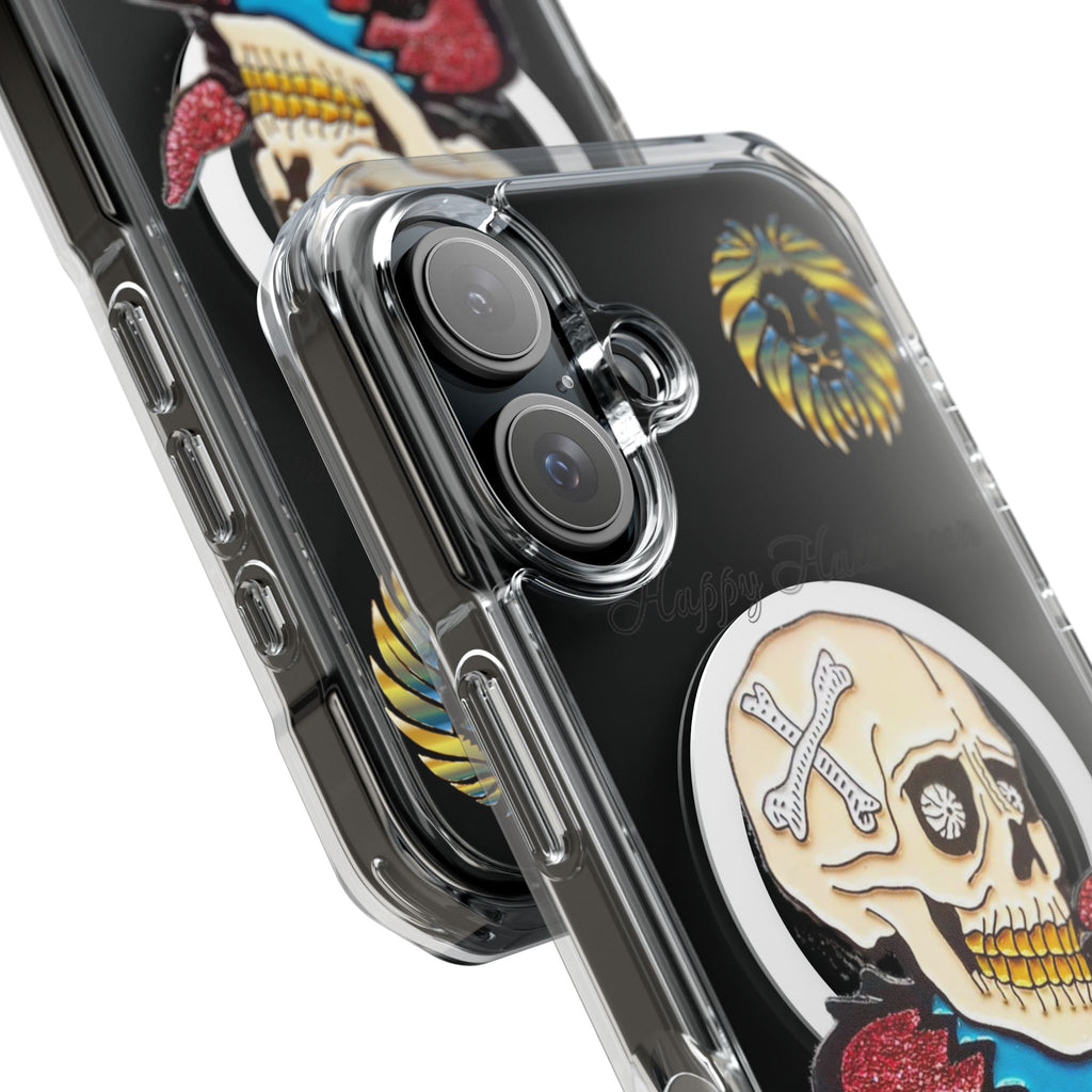 Magnetic Clear Phone Case with Skull Design, Stylish Phone Accessory, Halloween Gift, Trendy Phone Cover, Customizable Tech Case