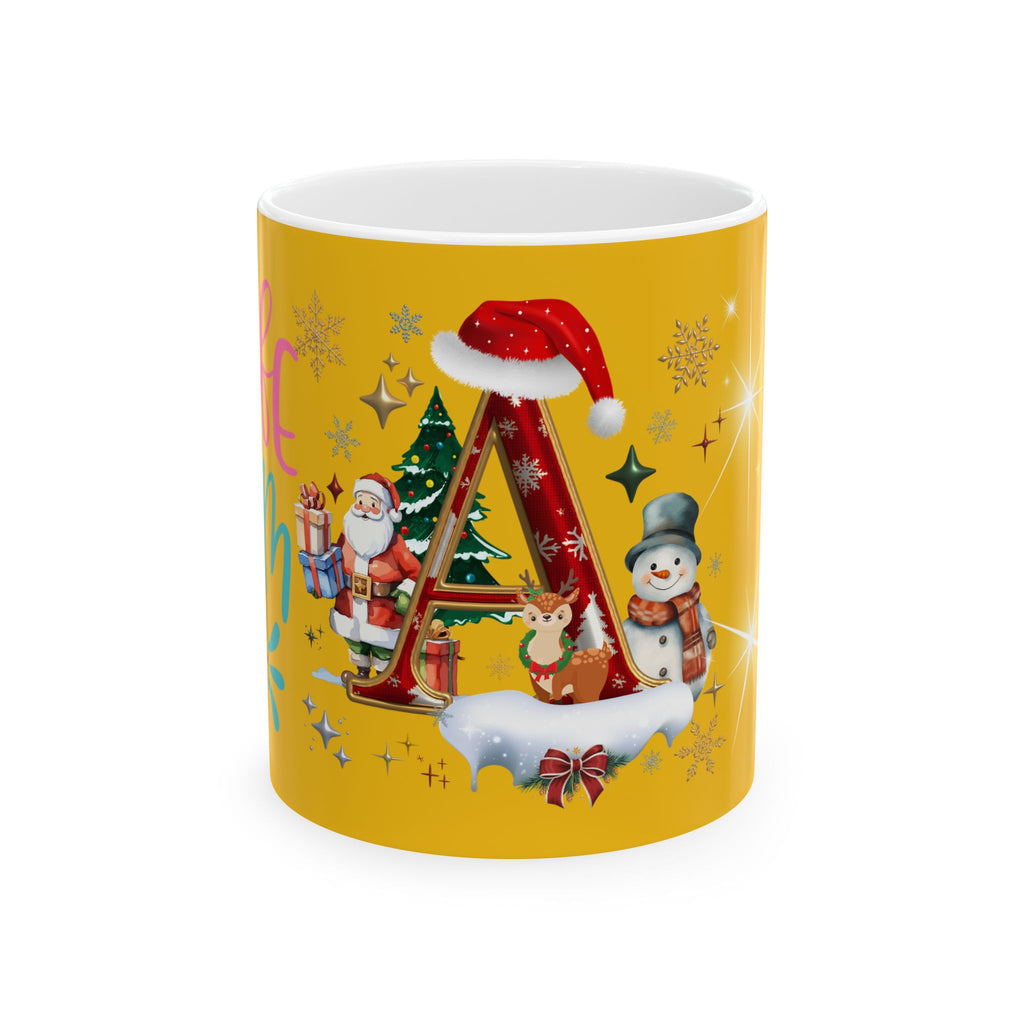 Christmas Initial 'A' Ceramic Mug – Festive Santa & Snowman Holiday Coffee Cup (11oz/15oz)