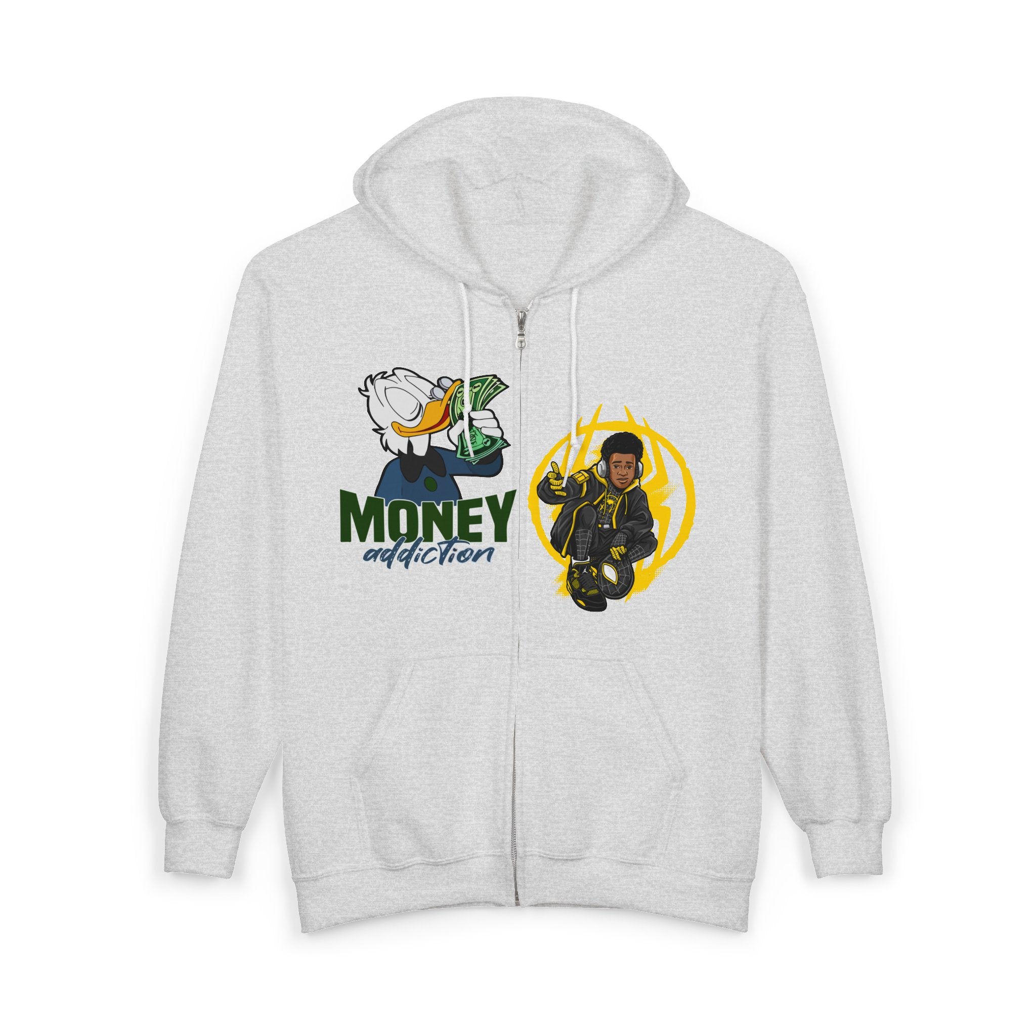Money Addict Zip Hoodie — "Secure The Bags" Cartoon Cash Design