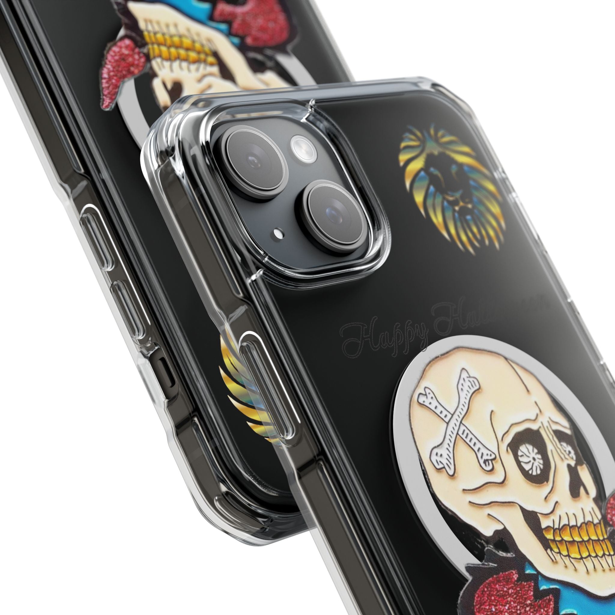 Magnetic Clear Phone Case with Skull Design, Stylish Phone Accessory, Halloween Gift, Trendy Phone Cover, Customizable Tech Case