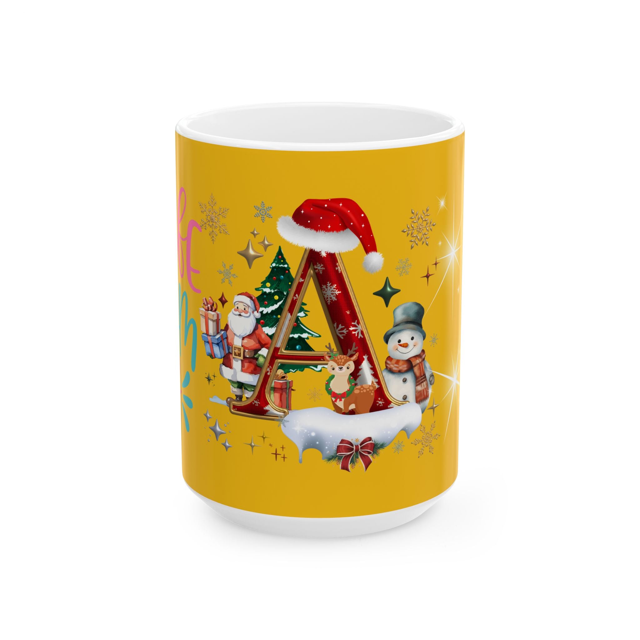 Christmas Initial 'A' Ceramic Mug – Festive Santa & Snowman Holiday Coffee Cup (11oz/15oz)