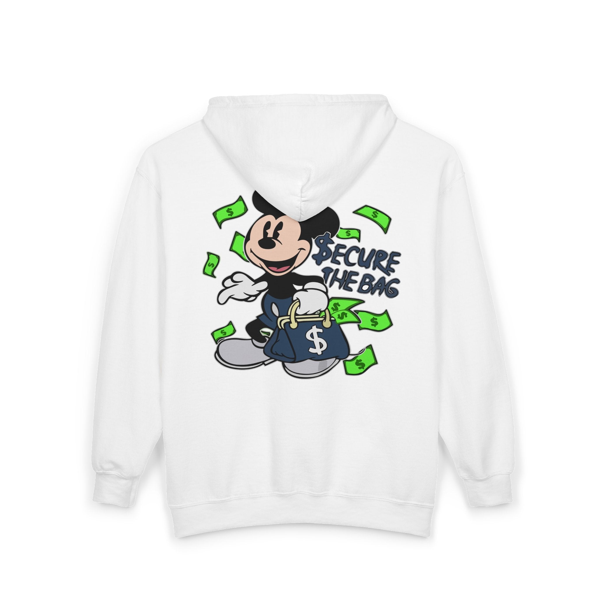 Money Addict Zip Hoodie — "Secure The Bags" Cartoon Cash Design