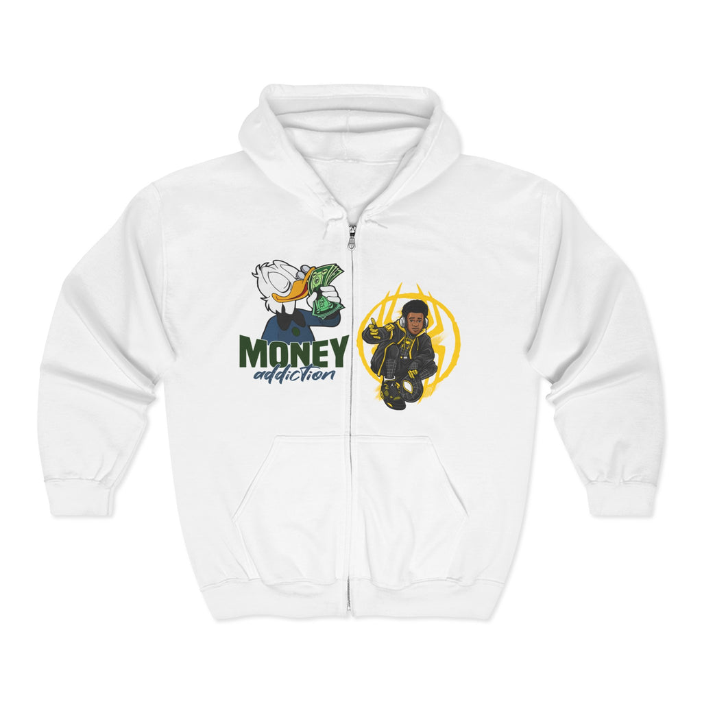 Money Addict Zip Hoodie — "Secure The Bags" Cartoon Cash Design