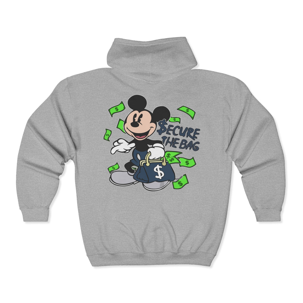 Money Addict Zip Hoodie — "Secure The Bags" Cartoon Cash Design