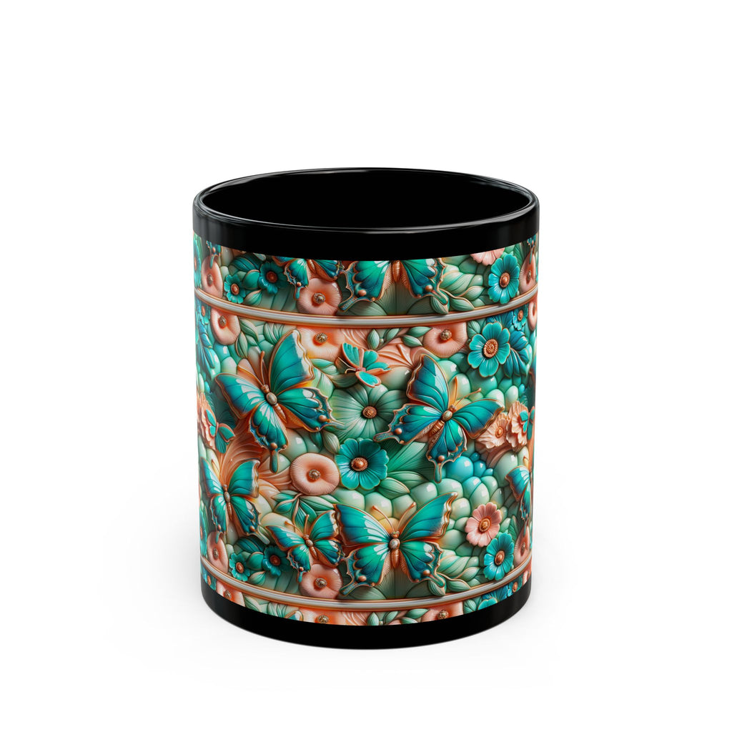 Floral Butterfly Black Mug - Cute Coffee Cup for Garden Lovers, Gift for Her, Rustic Home Decor, Nature Lover's Mug, Tea Tumbler