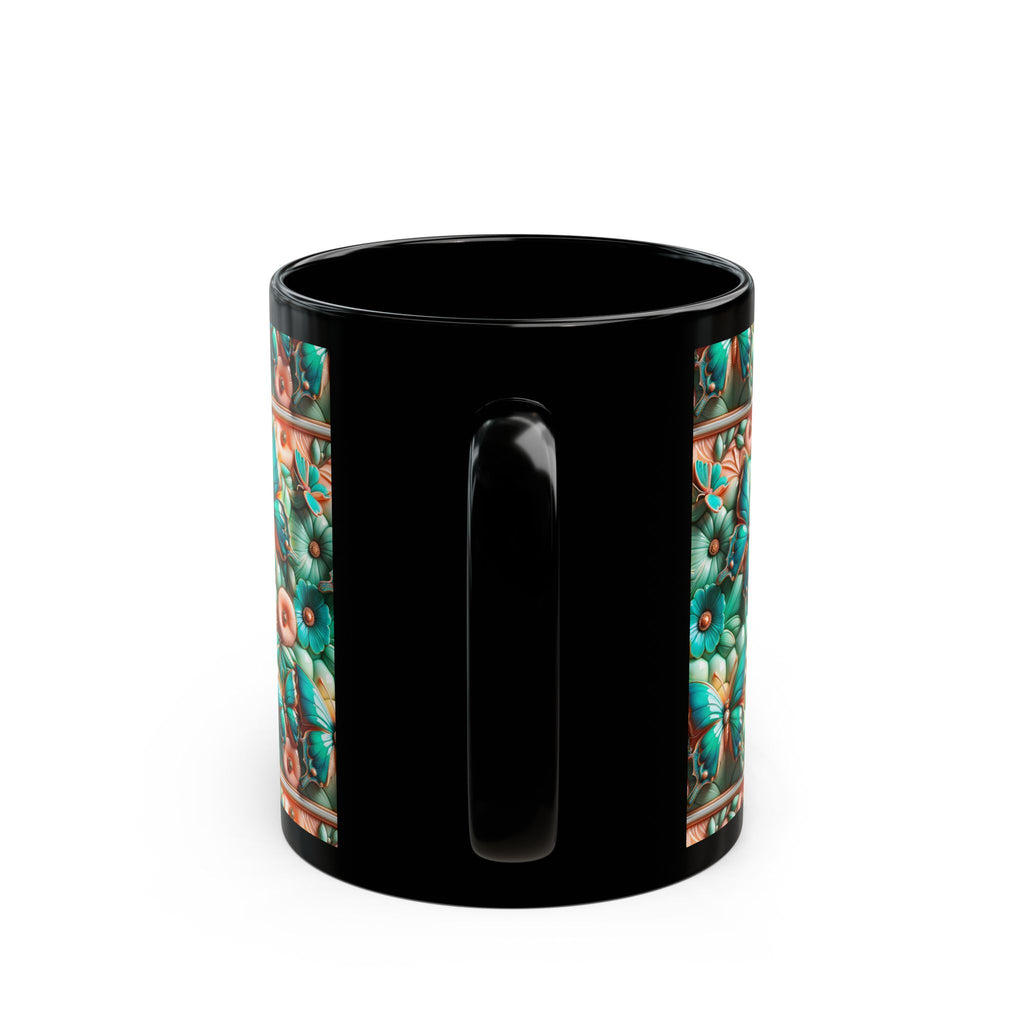 Floral Butterfly Black Mug - Cute Coffee Cup for Garden Lovers, Gift for Her, Rustic Home Decor, Nature Lover's Mug, Tea Tumbler
