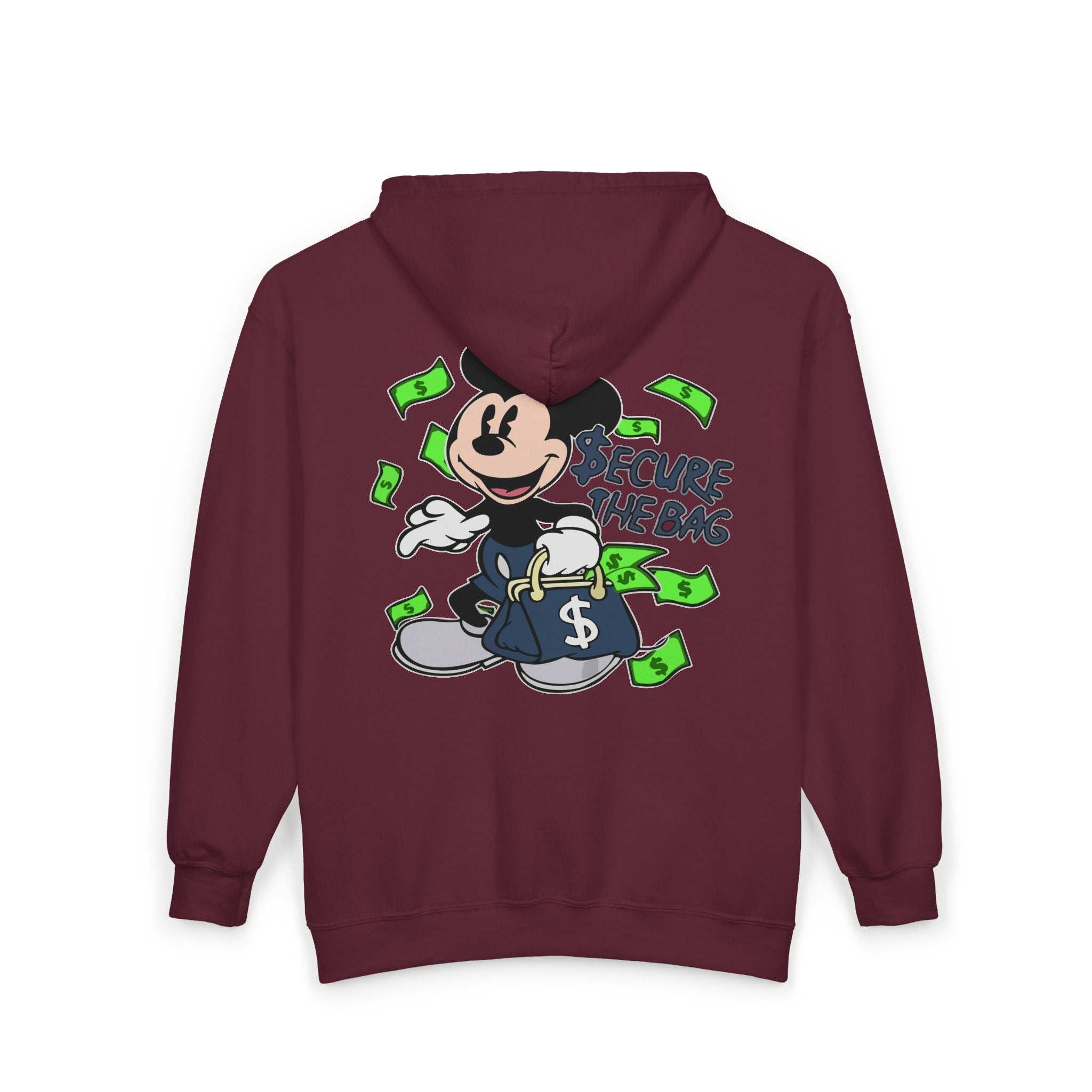 Money Addict Zip Hoodie — "Secure The Bags" Cartoon Cash Design