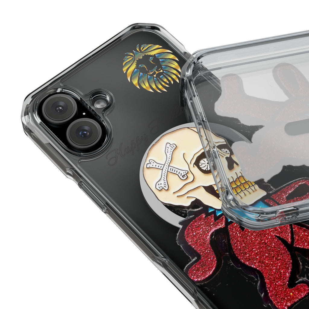 Magnetic Clear Phone Case with Skull Design, Stylish Phone Accessory, Halloween Gift, Trendy Phone Cover, Customizable Tech Case