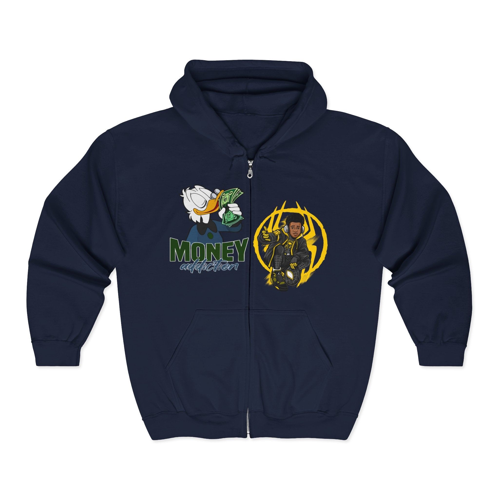 Money Addict Zip Hoodie — "Secure The Bags" Cartoon Cash Design