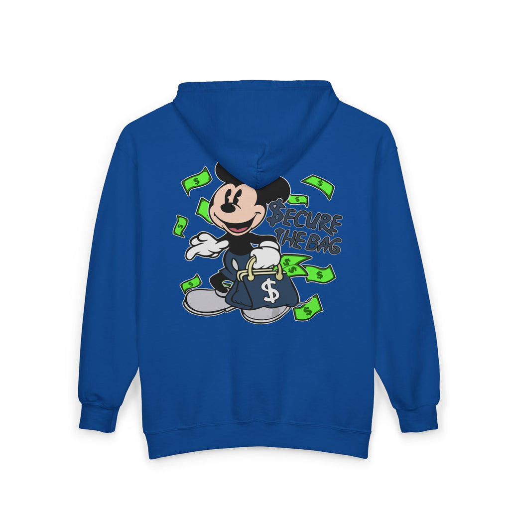 Money Addict Zip Hoodie — "Secure The Bags" Cartoon Cash Design