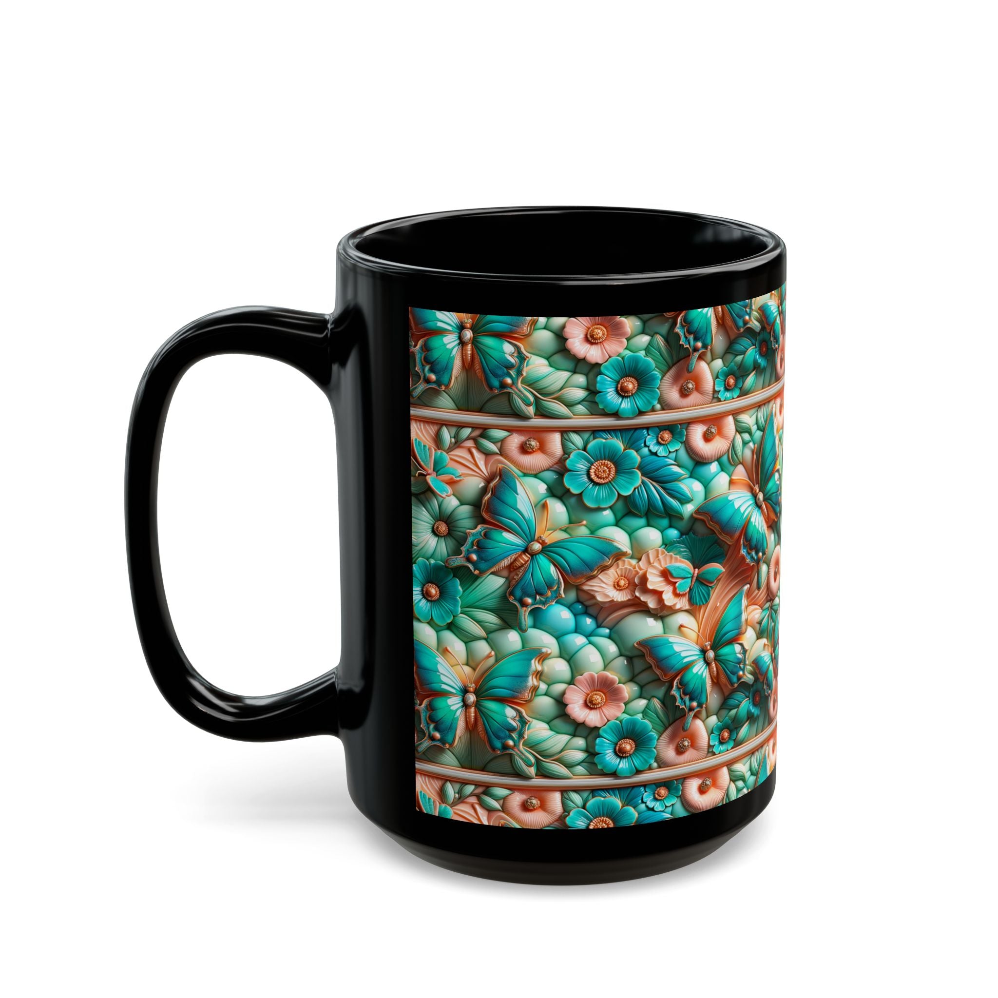 Floral Butterfly Black Mug - Cute Coffee Cup for Garden Lovers, Gift for Her, Rustic Home Decor, Nature Lover's Mug, Tea Tumbler