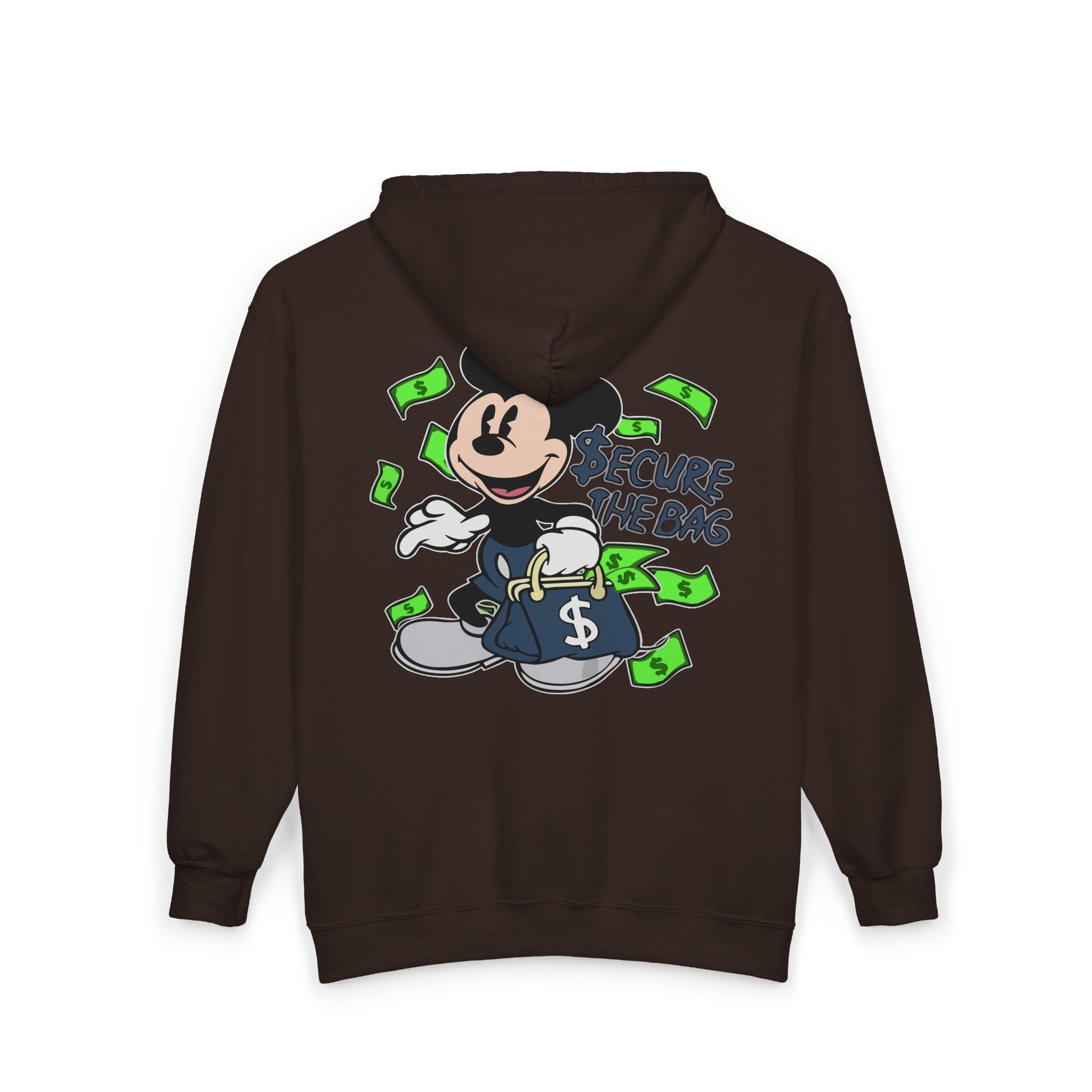 Money Addict Zip Hoodie — "Secure The Bags" Cartoon Cash Design