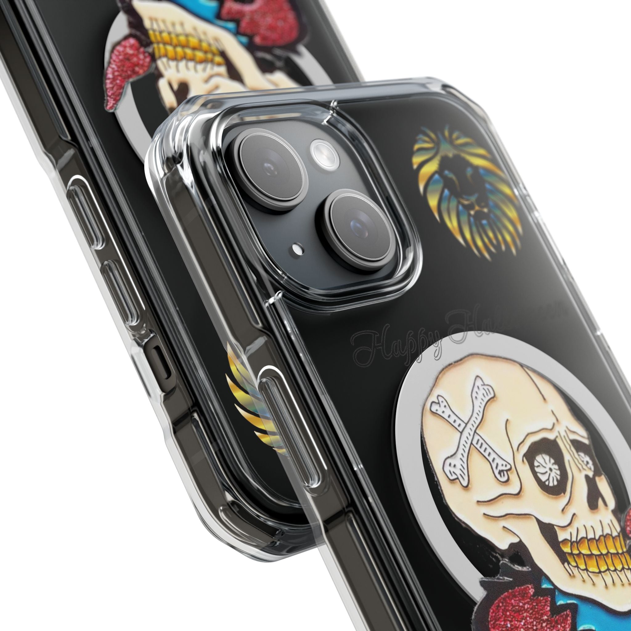 Magnetic Clear Phone Case with Skull Design, Stylish Phone Accessory, Halloween Gift, Trendy Phone Cover, Customizable Tech Case