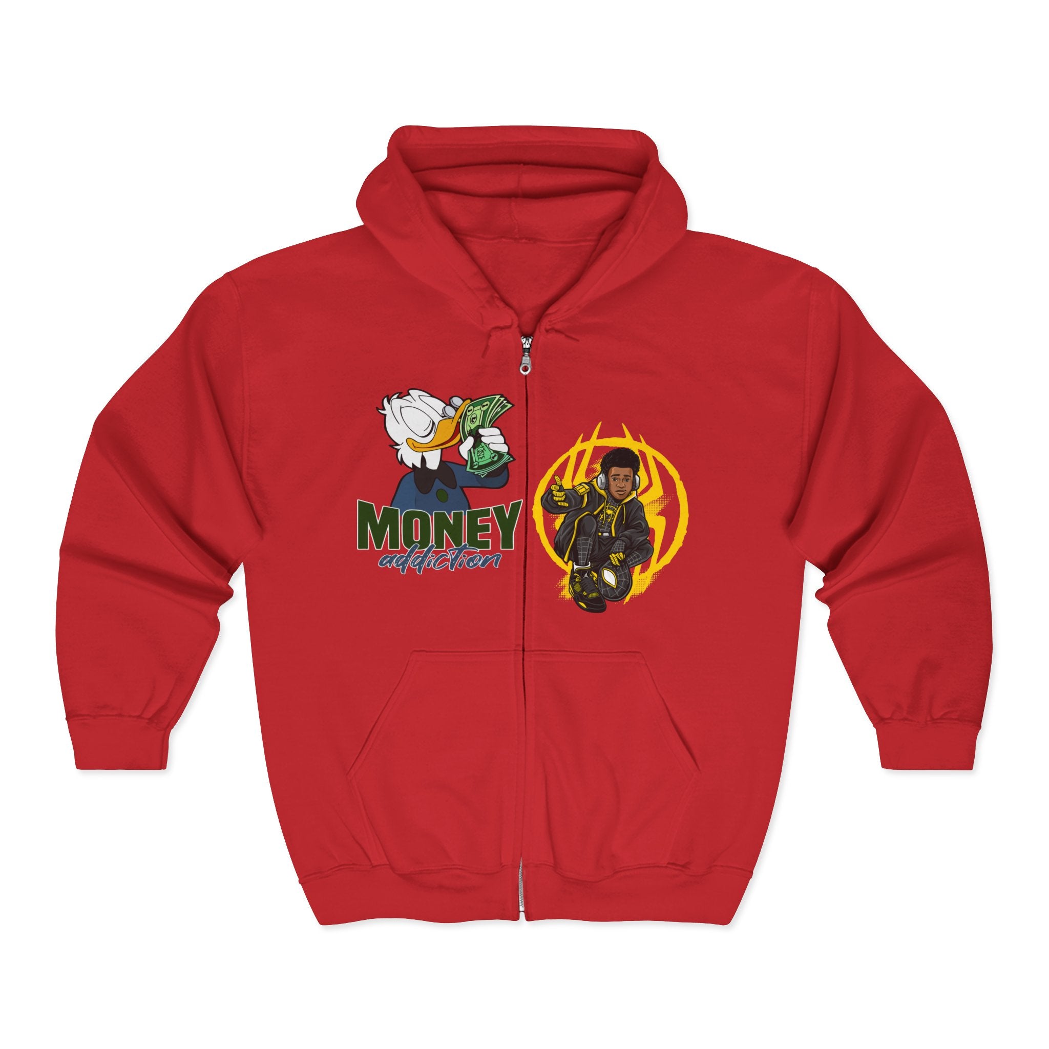 Money Addict Zip Hoodie — "Secure The Bags" Cartoon Cash Design