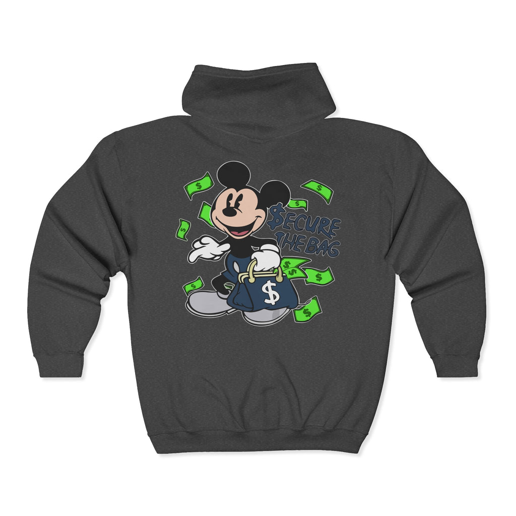 Money Addict Zip Hoodie — "Secure The Bags" Cartoon Cash Design