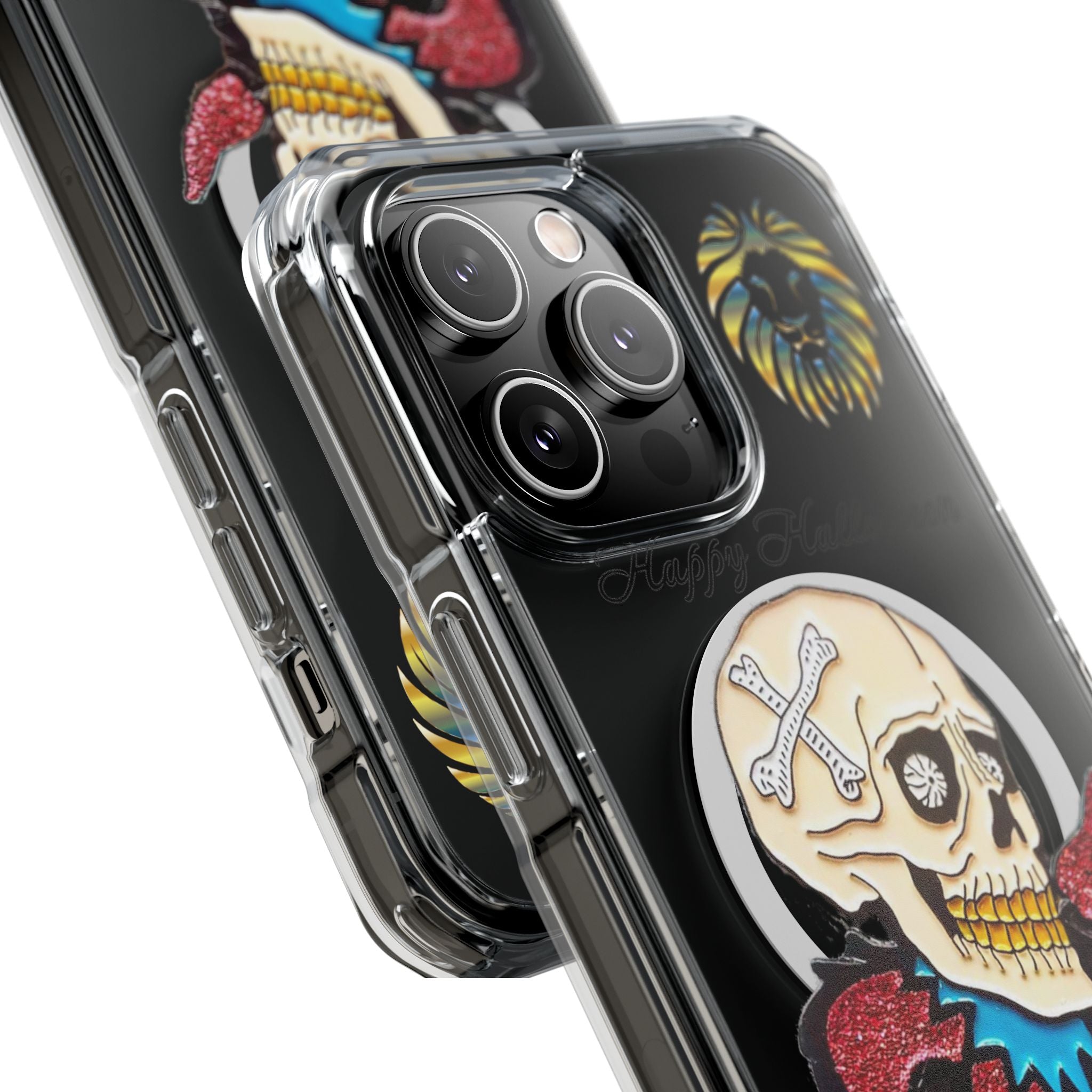 Magnetic Clear Phone Case with Skull Design, Stylish Phone Accessory, Halloween Gift, Trendy Phone Cover, Customizable Tech Case