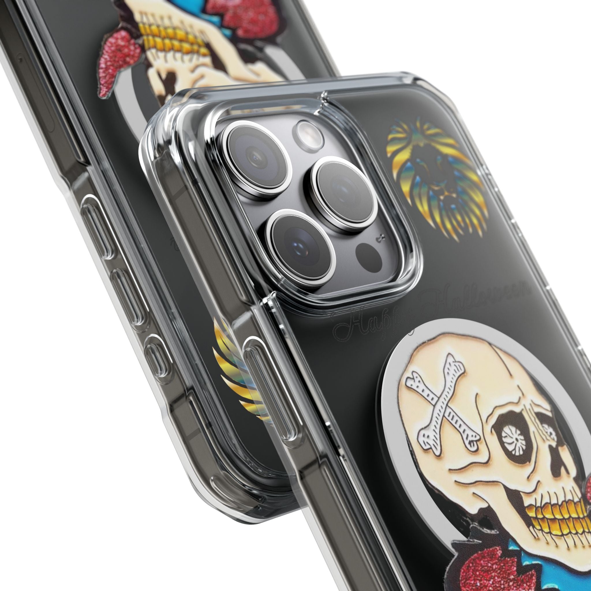 Magnetic Clear Phone Case with Skull Design, Stylish Phone Accessory, Halloween Gift, Trendy Phone Cover, Customizable Tech Case