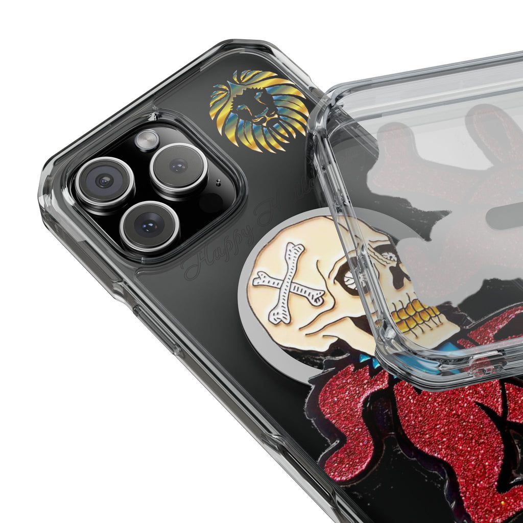 Magnetic Clear Phone Case with Skull Design, Stylish Phone Accessory, Halloween Gift, Trendy Phone Cover, Customizable Tech Case