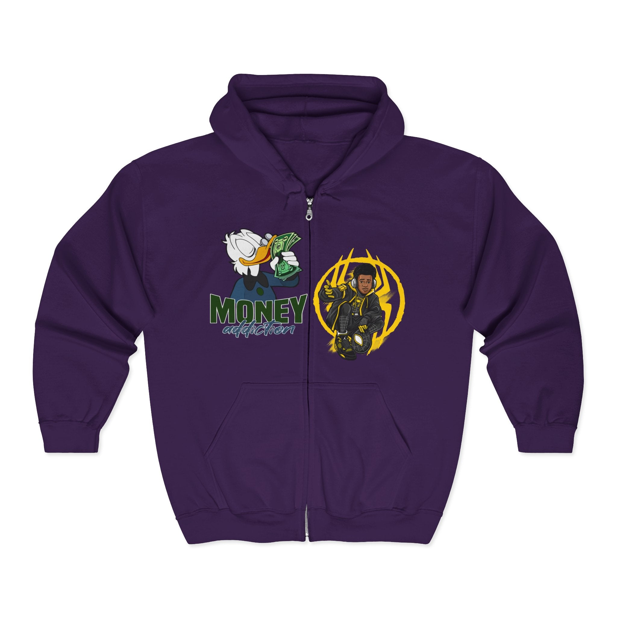 Money Addict Zip Hoodie — "Secure The Bags" Cartoon Cash Design