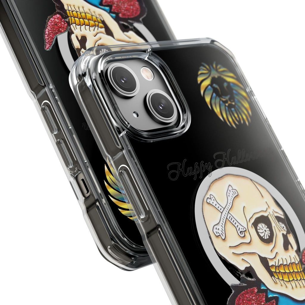 Magnetic Clear Phone Case with Skull Design, Stylish Phone Accessory, Halloween Gift, Trendy Phone Cover, Customizable Tech Case