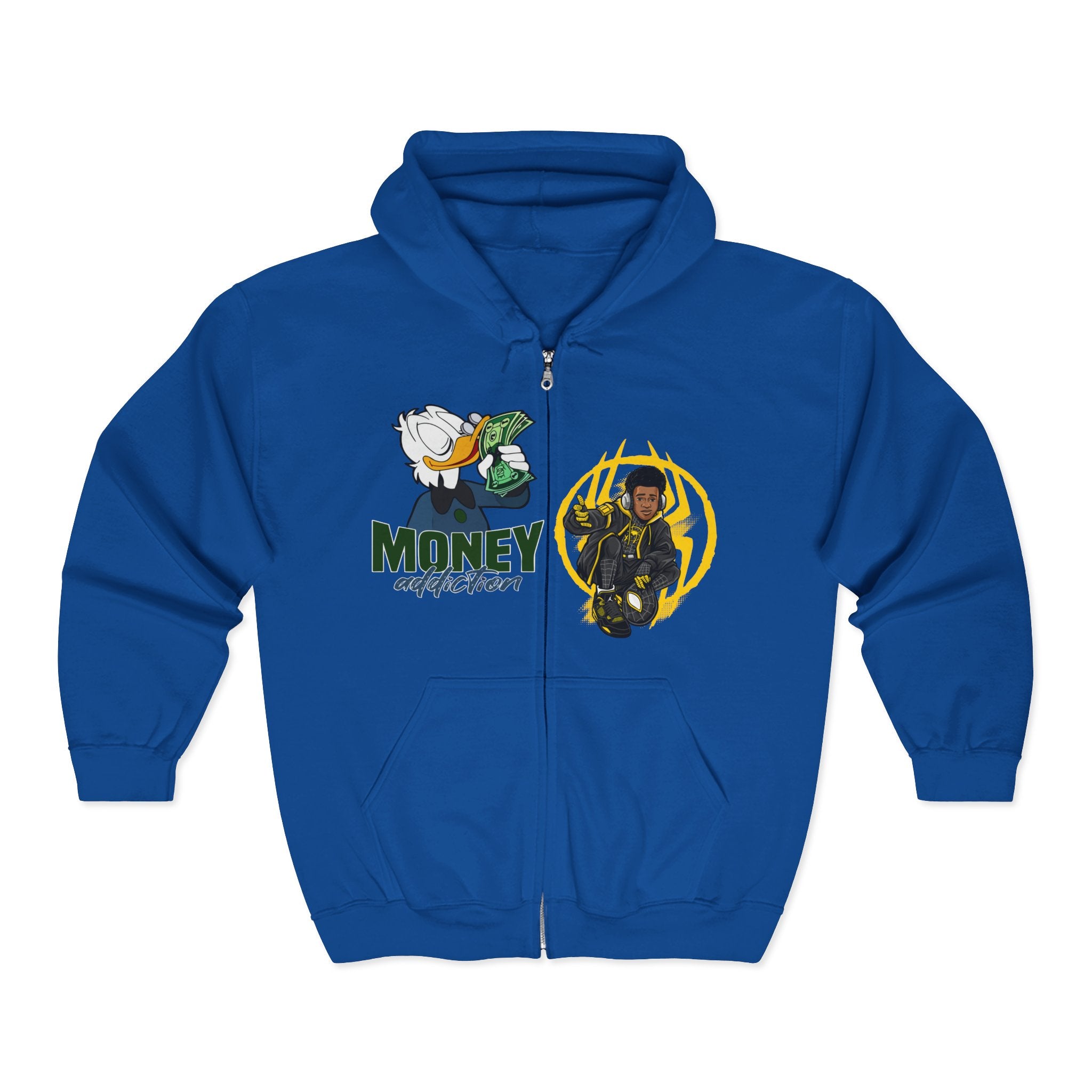 Money Addict Zip Hoodie — "Secure The Bags" Cartoon Cash Design