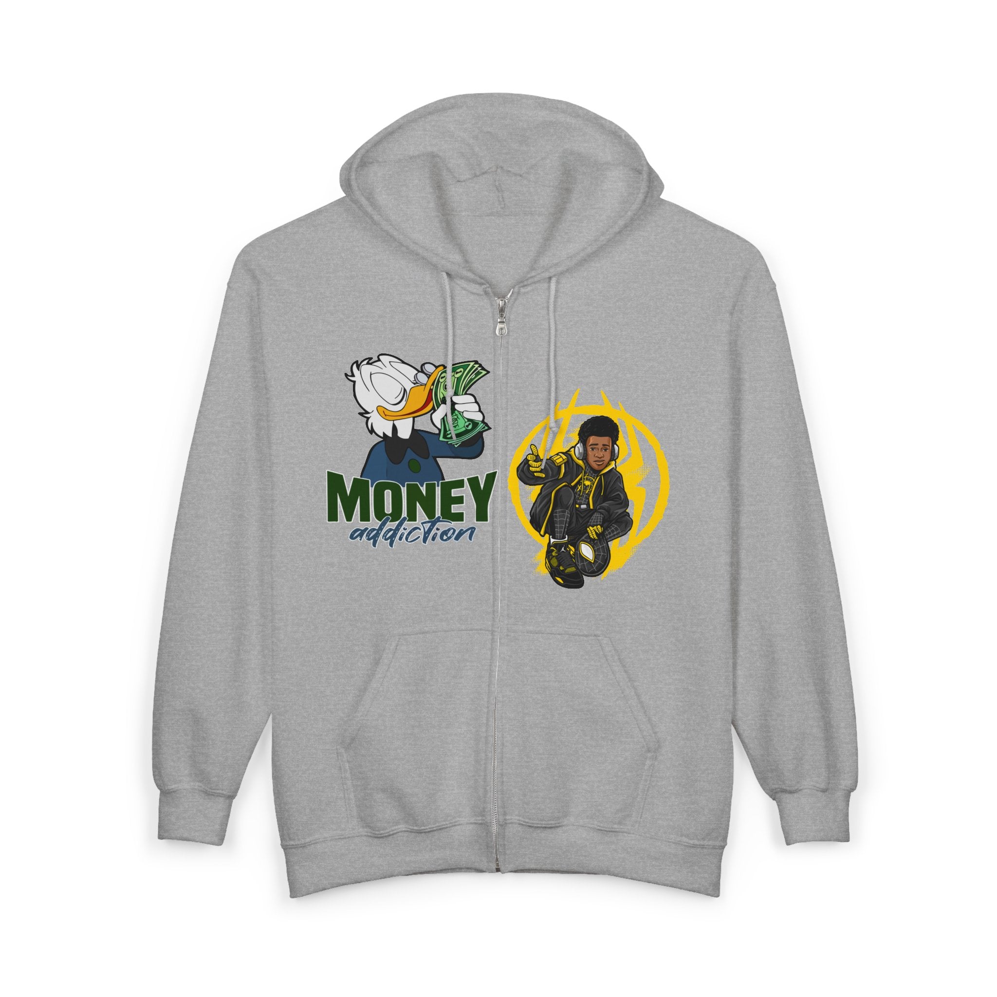 Money Addict Zip Hoodie — "Secure The Bags" Cartoon Cash Design