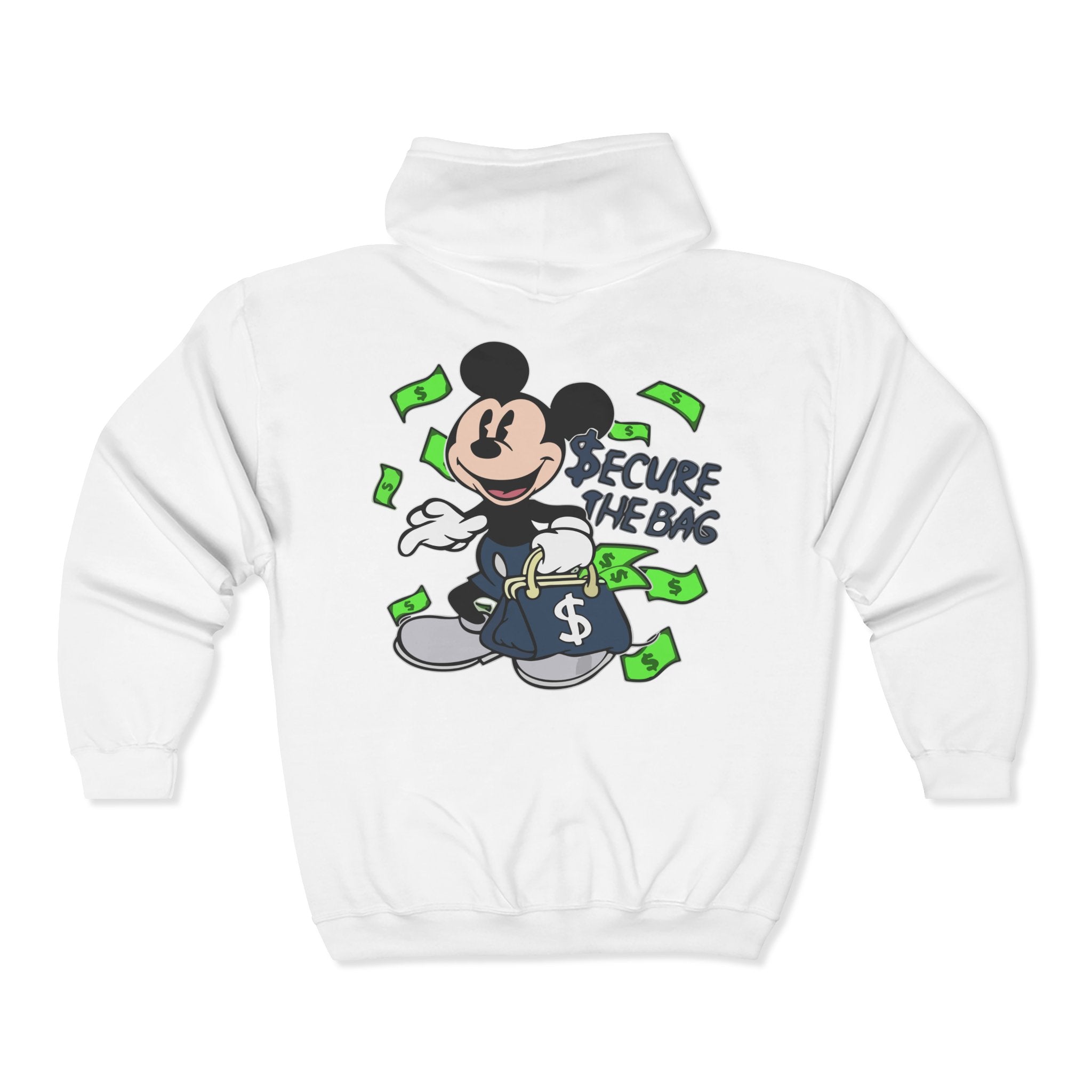 Money Addict Zip Hoodie — "Secure The Bags" Cartoon Cash Design