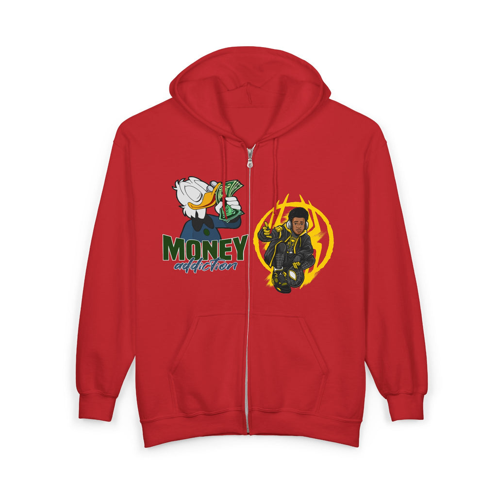 Money Addict Zip Hoodie — "Secure The Bags" Cartoon Cash Design