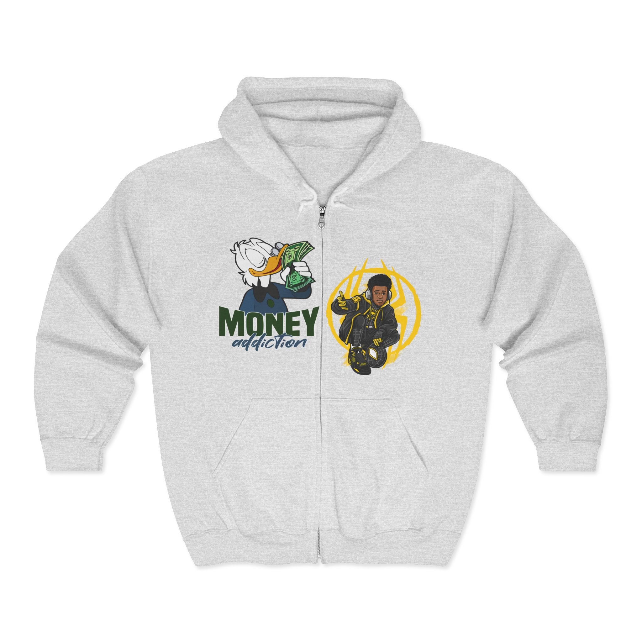 Money Addict Zip Hoodie — "Secure The Bags" Cartoon Cash Design