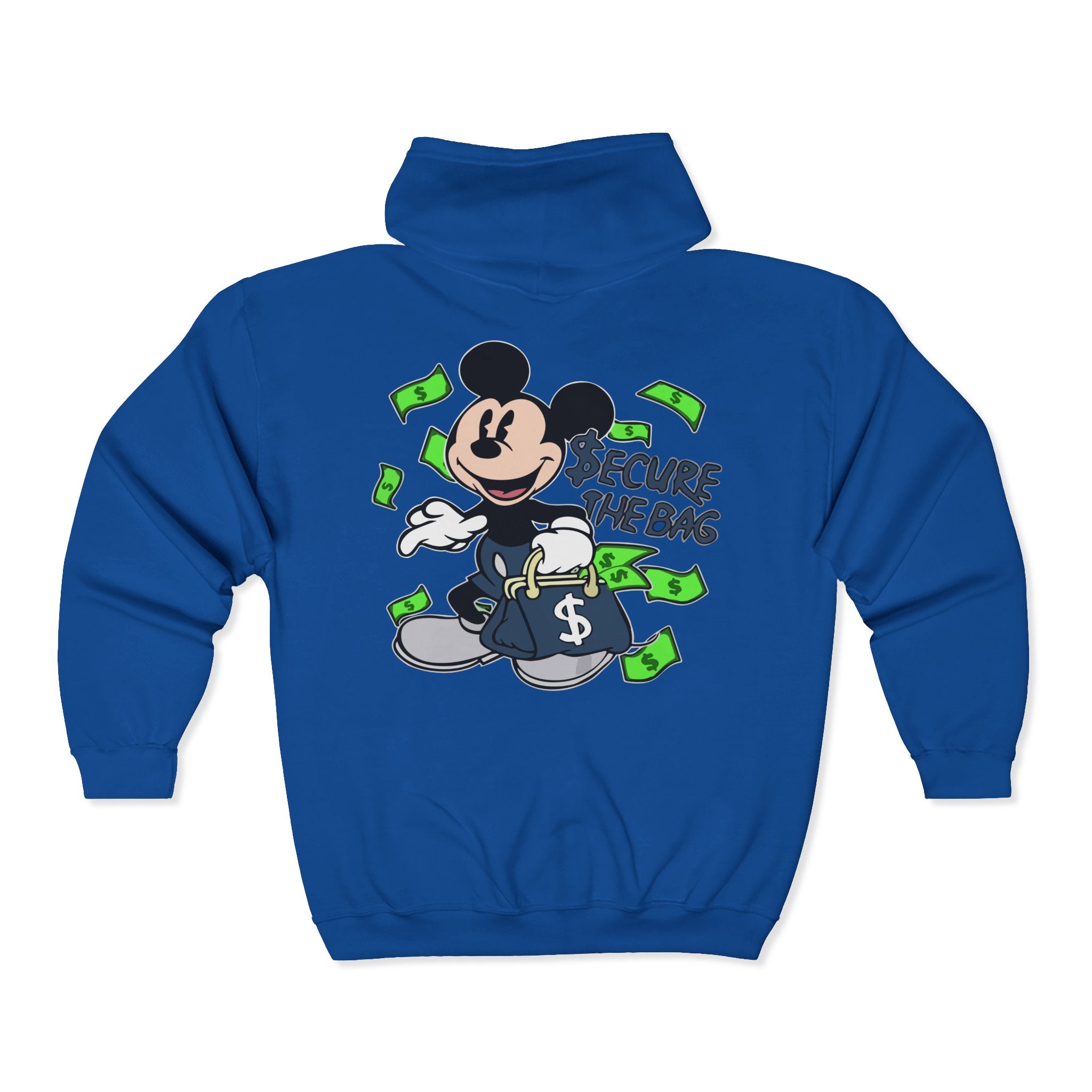 Money Addict Zip Hoodie — "Secure The Bags" Cartoon Cash Design