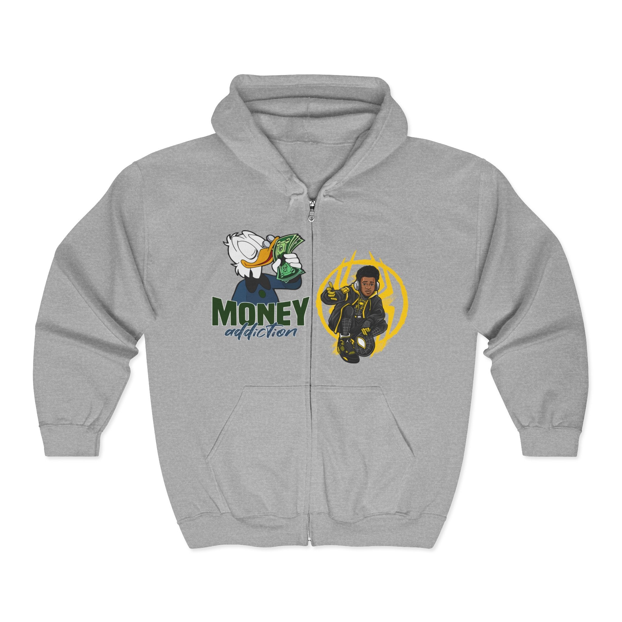 Money Addict Zip Hoodie — "Secure The Bags" Cartoon Cash Design