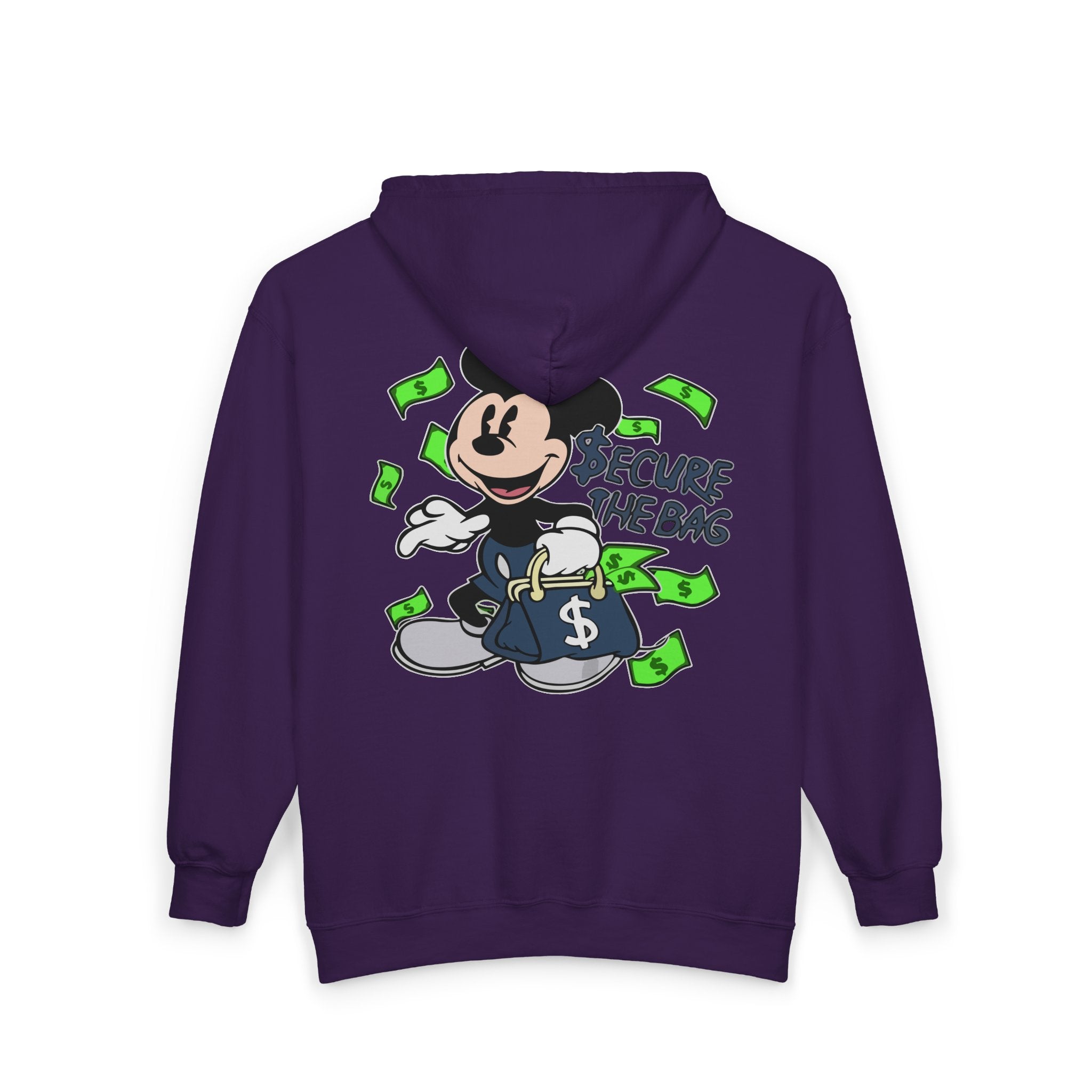 Money Addict Zip Hoodie — "Secure The Bags" Cartoon Cash Design