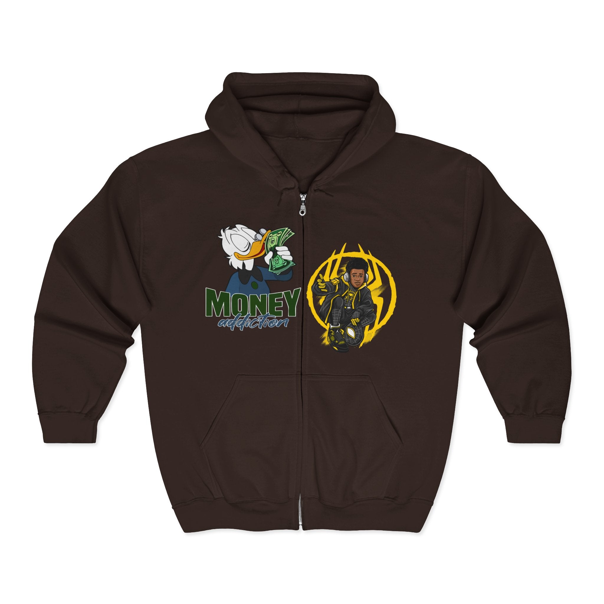 Money Addict Zip Hoodie — "Secure The Bags" Cartoon Cash Design