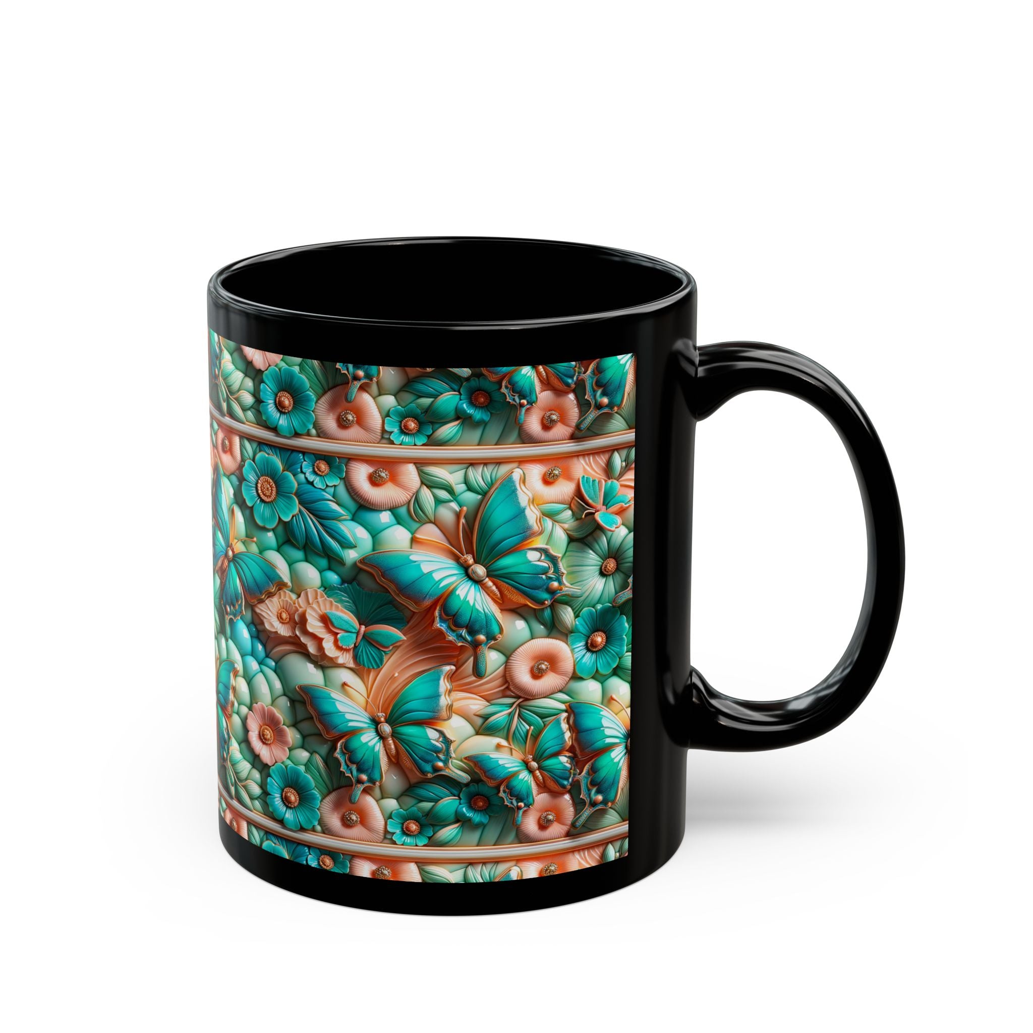 Floral Butterfly Black Mug - Cute Coffee Cup for Garden Lovers, Gift for Her, Rustic Home Decor, Nature Lover's Mug, Tea Tumbler