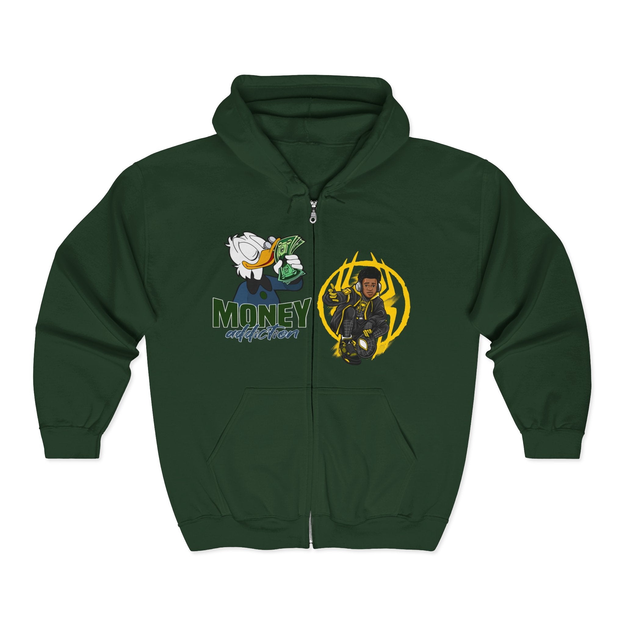 Money Addict Zip Hoodie — "Secure The Bags" Cartoon Cash Design