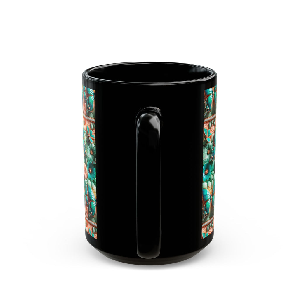 Floral Butterfly Black Mug - Cute Coffee Cup for Garden Lovers, Gift for Her, Rustic Home Decor, Nature Lover's Mug, Tea Tumbler